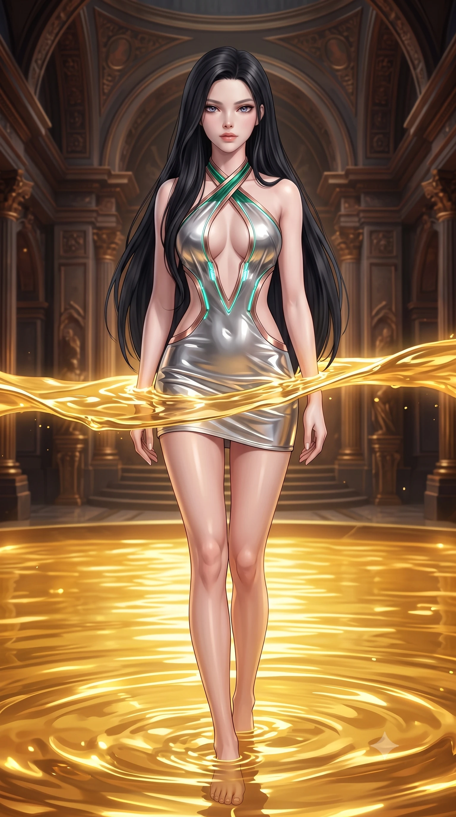 score_9, masterpiece, best quality, ultra-detailed, high-budget anime keyframe, semi-realistic 3D game render, editorial fashion photography, tasteful artistic composition, Korean woman. low angle full-body shot from head to toe showing her feet, filling the entire 9:16 vertical frame with her statuesque presence, stretching her vertical silhouette. pivoting dynamically in mid-motion with a breathtakingly alluring posture, displaying her flawless model proportions and ultra-slim waist while standing waist-deep in a glowing liquid gold reservoir as golden light ripples across her torso. The surrounding environment is rendered in vivid detail and crisp panoramic clarity. rich chiaroscuro lighting and intricate cyber-temple architectural textures rendered in panoramic clarity. She has an absolutely perfect, statuesque 8.5-heads proportion, an exceptionally tall and slender model-like female figure with impossibly long slender legs and an ultra-slim waist. sharp v-shaped jawline, high-bridge nose, intricate jewel-like eyes with depth, thick eyelashes, glossy lips with a natural sheen, flawlessly proportioned anatomical accuracy, natural body alignment, perfectly sculpted elegant limbs, clean dynamic posture without body distortion. wearing a molten silver liquid-metal mini dress featuring deep side-waist cutouts and a daring crossover halter neckline in emerald green and metallic rose gold trim, tailored from semi-translucent cybernetic vinyl with glowing micro-filaments, featuring a dangerously unzipped neckline framed by glowing cybernetic accents, the form-contouring second-skin material highlighting her ultra-slim waist and long lines. surrounded by a mysterious, opulent, and dangerously sensual sanctuary atmosphere. highly saturated vibrant anime colors, detailed shading with soft gradients, rich glossy textures, high-contrast stereoscopic depth, volumetric dynamic lighting, master piece, 9:16 ratio