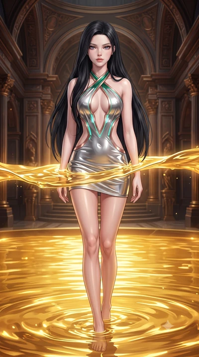 score_9, masterpiece, best quality, ultra-detailed, high-budget anime keyframe, semi-realistic 3D game render, editorial fashion photography, tasteful artistic composition, Korean woman. low angle full-body shot from head to toe showing her feet, fil