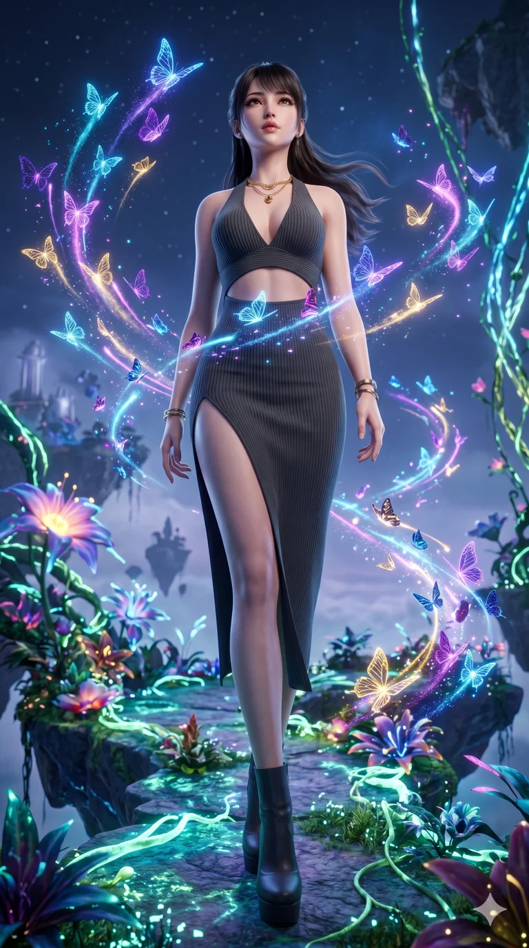 score_9, masterpiece, best quality, ultra-detailed, Semi-realistic 3D Game Render, high-fidelity character model, intricate textures, dynamic particle effects, Unreal Engine 5 aesthetic, crisp 3D depth, Japanese woman with delicate and elegant anime-inspired features. Low angle cowboy shot filling the entire 9:16 frame with her statuesque presence, looking up to emphasize her height. Surrounded by a swarm of digital butterflies that leave trails of neon dust. She has an absolutely perfect 8-heads proportion, an exceptionally tall and slender female figure with impossibly long slender legs and an ultra-slim waist, her statuesque height and towering silhouette dominating the vertical 9:16 frame. Her face is a masterpiece featuring a sharp v-shaped jawline, high-bridge nose, intricate jewel-like eyes with depth, thick eyelashes, and glossy lips with a natural sheen. She is wearing a Ribbed knit bodycon midi dress with a deep-V neck halter top, featuring an exposed midriff and a dangerous high slit.. The scene is set in a floating island covered in giant glowing flowers and vines of pure energy. 2k, ultra detail, master piece, 9:16 ratio