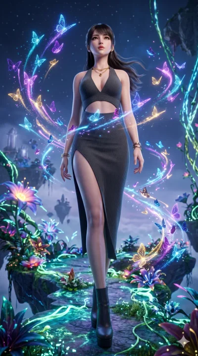 score_9, masterpiece, best quality, ultra-detailed, Semi-realistic 3D Game Render, high-fidelity character model, intricate textures, dynamic particle effects, Unreal Engine 5 aesthetic, crisp 3D depth, Japanese woman with delicate and elegant anime-