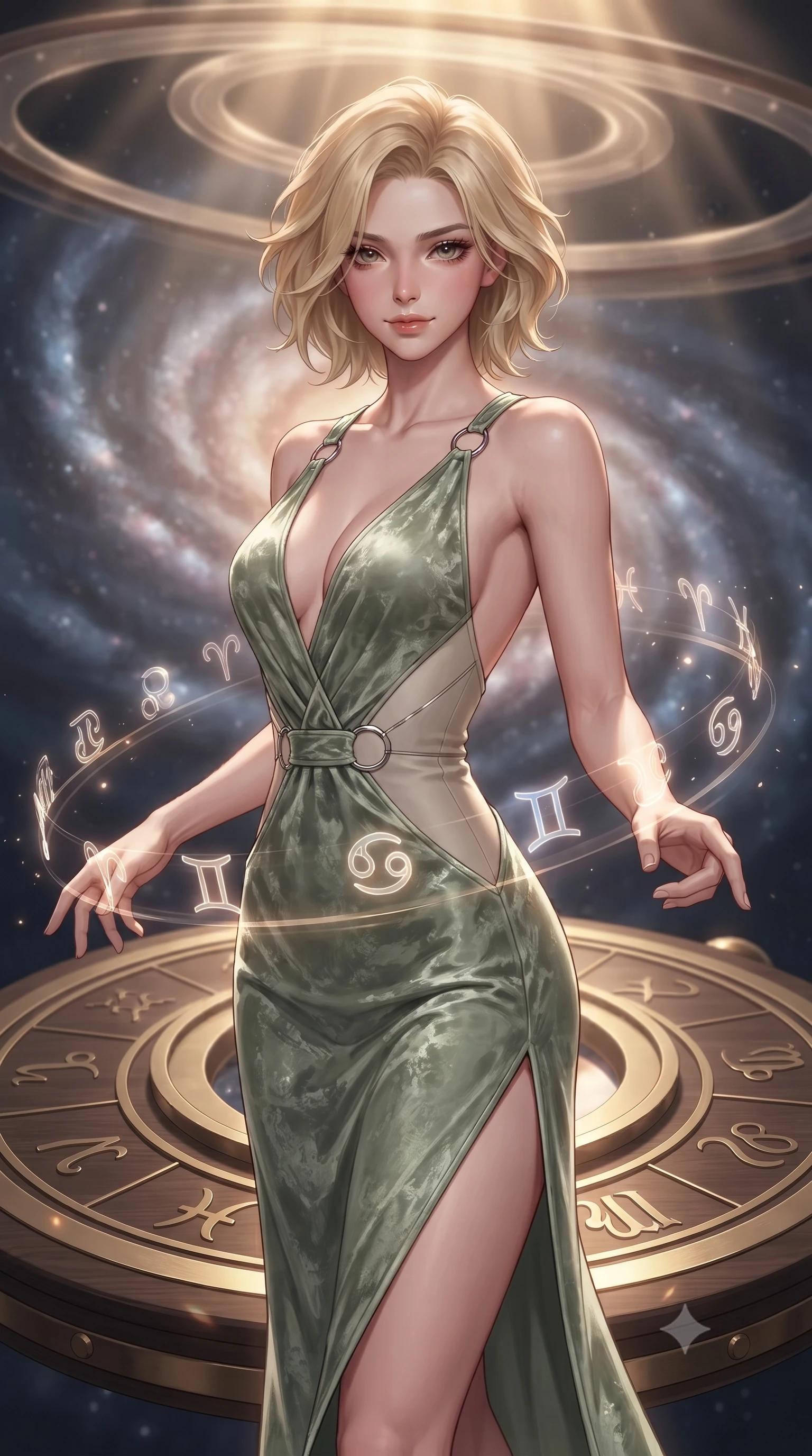 score_9, masterpiece, best quality, ultra-detailed, high-budget anime keyframe, editorial fashion photography, tasteful artistic composition, Caucasian woman. close-up cowboy shot from the waist and thighs up, the character dominates the composition, filling the frame with her large presence, background elements kept in soft focus. Smiling with quiet, magnetic self-assurance directly into the lens standing on a floating zodiac dial beneath a swirling spiral nebula, translucent zodiac glyphs orbiting around her delicate hands. She has an exceptionally elegant, slender, and willowy female figure with an ultra-slim waist, a gracefully sculpted slender torso, and a refined silhouette. sharp v-shaped jawline, high-bridge nose, intricate jewel-like eyes with depth, thick eyelashes, glossy lips with a natural sheen. wearing a backless crushed velvet gown with a deep V-neckline and high thigh slit in sage green and oatmeal, formed from sleek second-skin neoprene, accented with delicate chrome ring hardware framing her waist, the elegant draped fit framing her graceful clavicle and slender torso. bathed in warm sunbursts filtering through floating orbital rings. ultra-reflective glossy finish, specular highlights, metallic sheen, high-contrast stereoscopic depth, volumetric dynamic lighting, 2k, ultra detail, master piece, 9:16 ratio