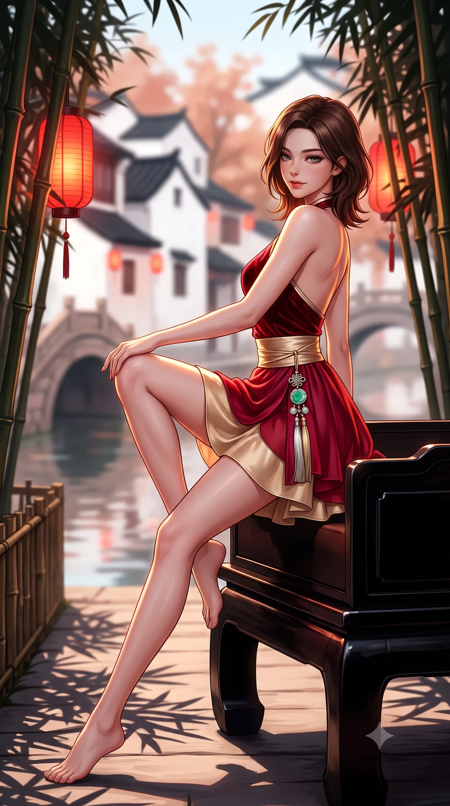 score_9, masterpiece, best quality, ultra-detailed, high-budget anime keyframe, semi-realistic 3D game render, editorial fashion photography, tasteful artistic composition, Korean woman. low angle full-body shot from head to toe showing her feet, filling the entire 9:16 vertical frame with her statuesque presence, stretching her vertical silhouette. walking slowly through the bamboo pathway, looking back over her shoulder with an air of effortless oriental grace and an alluring, smoldering smile while lounging in an antique black lacquer daybed with one knee drawn up, her modern high-slit cheongsam displaying her long slender legs. The background shows a soft-focus whitewashed canal houses with black-tiled gables and arched stone packhorse bridges blurred into peach, terracotta, and water-reflection bokeh. She has an absolutely perfect, statuesque 8.5-heads proportion, an exceptionally tall and slender model-like female figure with impossibly long slender legs, an ultra-slim waist, a flat toned midriff, narrow delicate ribcage, and beautifully sculpted feminine hips creating a graceful, slim hourglass silhouette without any bulky heaviness. sharp v-shaped jawline, high-bridge nose, intricate jewel-like dark sparkling almond eyes with depth, thick lashes, glossy parted lips with a natural rose-plum sheen, bright alluring and coquettish smile with bedroom-eyes, exuding both timeless oriental elegance and sovereign high-fashion allure, flawlessly proportioned anatomical accuracy, strict slender model proportions, natural body alignment, perfectly sculpted long slender limbs, ultra-slim waistline, clean dynamic posture without body distortion. wearing a modern halter-neck fusion hanbok bodice with delicate silver embroidery and a fluttering layered chiffon wrap mini skirt in royal crimson red and lustrous champagne gold, crafted from sumptuous crushed winter velvet with deep light-absorbing plushness, finished with an ornate modern norigae tassel with polished jade and chrome charms resting on her curvy hips, the form-contouring cut accentuating her sculpted flat midriff, narrow delicate ribcage, and gracefully curvy hips with regal oriental supermodel elegance. illuminated by red lantern glow and sharp amber-gold rim lights defining her sculpted collarbones, ultra-slim waist, and curvy hips. highly saturated vibrant anime colors, detailed shading with soft gradients, rich glossy textures, high-contrast stereoscopic depth, volumetric dynamic lighting, master piece, 9:16 ratio