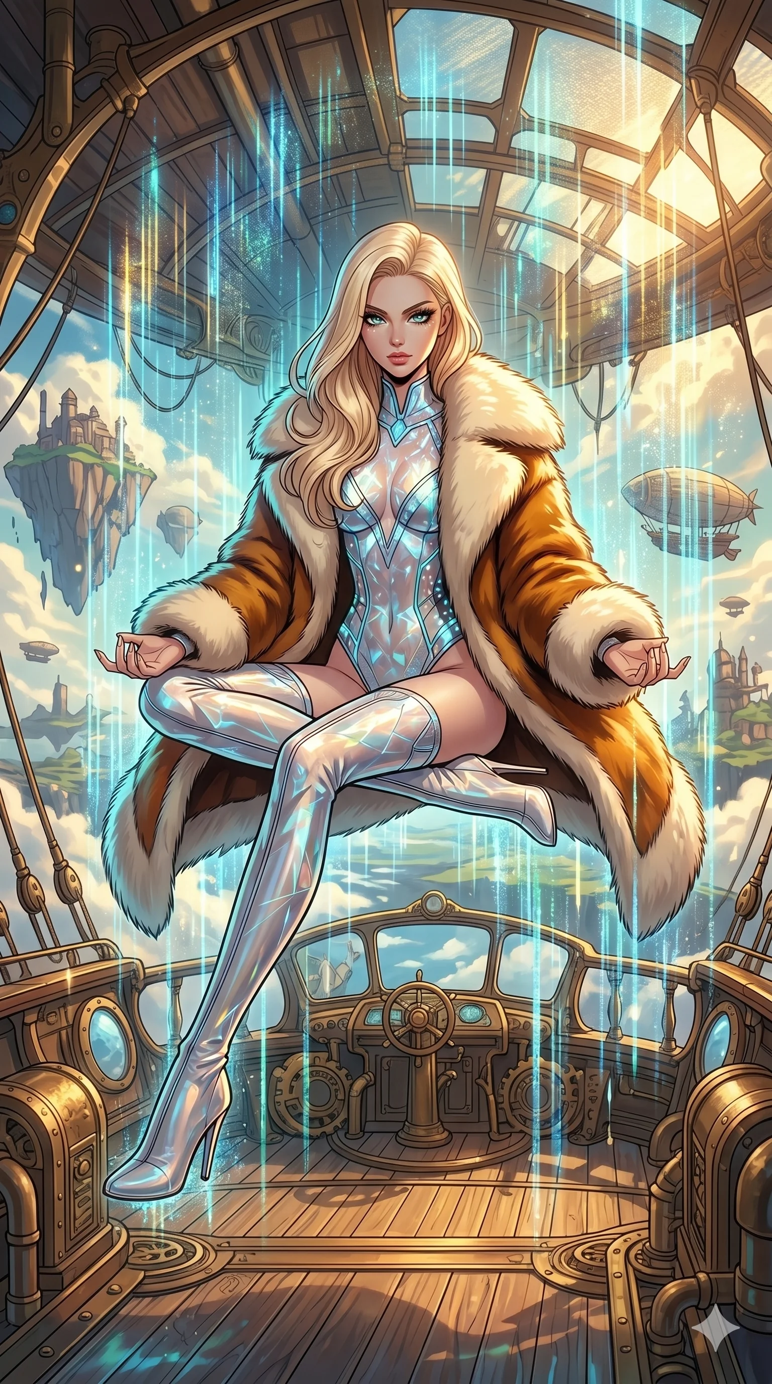 score_9, masterpiece, best quality, ultra-detailed, high-budget anime movie keyframe, cinematic anime lighting, intricate line art, Caucasian (strictly human ears) woman. Dynamic full-body shot stretching the vertical silhouette across the 9:16 frame. meditating peacefully in a steampunk airship deck with holographic rain. She has an absolutely perfect 8-heads proportion, an exceptionally tall and slender female figure with an ultra-slim waist and impossibly long slender legs. sharp v-shaped jawline, high-bridge nose, intricate jewel-like eyes, thick eyelashes, glossy lips. Wearing seasonal winter-couture featuring a plush oversized faux-fur coat worn over a skin-tight crystalline leotard and thigh-high stiletto boots. The scene is illuminated by dramatic atmospheric lighting and vibrant color palettes. , 2k, ultra detail, master piece, 9:16 ratio