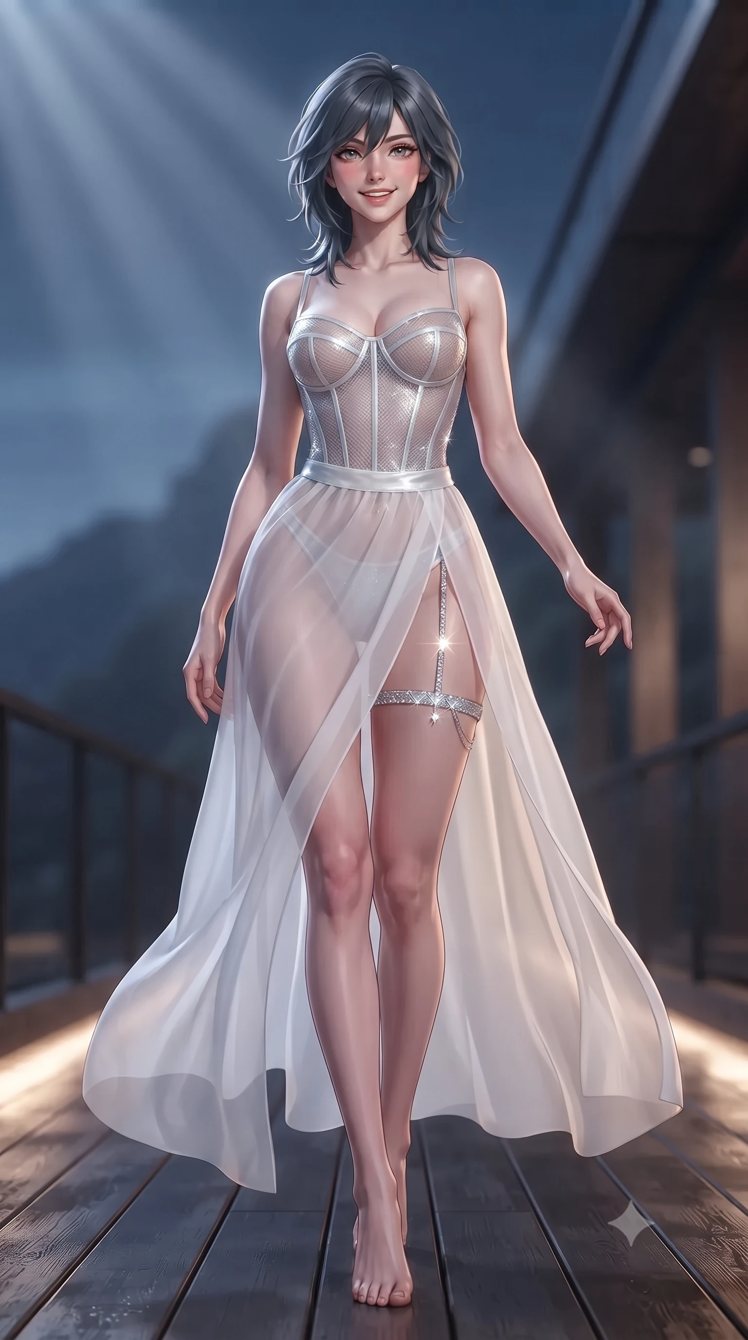 score_9, masterpiece, best quality, ultra-detailed, high-budget anime keyframe, editorial fashion photography, tasteful artistic composition, Caucasian woman. low angle full-body shot from head to toe showing her feet, filling the entire 9:16 vertical frame with her statuesque presence, stretching her vertical silhouette. stepping slowly toward the camera with hypnotic grace, hips swaying in an alluring sensual rhythm that accentuates her curvy hourglass silhouette and long slender legs while twisting her slender torso in an alluring S-curve, midnight sunbeams and cool mountain air sculpting her silhouette and flat midriff. The background shows a soft-focus gentle mountain breeze softened in clifftop architectural skybridge shallow focus. She has an exceptionally tall and slender model-like 8.5-heads proportion, an ultra-slim waist, a flat toned midriff, narrow delicate ribcage, and beautifully sculpted feminine hips creating a graceful, slim hourglass silhouette without any bulky heaviness, with impossibly long slender legs. sharp v-shaped jawline, high-bridge nose, intricate jewel-like sparkling eyes with depth, thick eyelashes, glossy parted lips with a natural peach sheen, bright cheerful beaming smile with an enchanting and coquettish sensual glint, exuding both youthful cute charm and seductive allure, flawlessly proportioned anatomical accuracy, strict slender model proportions, natural body alignment, perfectly sculpted long slender limbs, ultra-slim waistline, clean dynamic posture without body distortion. wearing a provocative translucent mesh corset bodice with boned satin channels paired with a sheer chiffon wrap maxi skirt in pure translucent crystal white and liquid platinum, crafted from stretch micro-mesh with liquid foil coating that shimmers with every movement, finished with delicate crystal-encrusted thigh garter straps glinting in the dim light, the liquid-tight tailored fabric clinging flawlessly to her narrow waist and rounded feminine hips, emphasizing every millimeter of her sculpted slim hourglass curves without any bulky heaviness. illuminated by timber deck reflection bounce and sharp gold-and-silver dual rim lights sculpting her jawline, narrow waist, and curvy hips. ultra-reflective glossy finish, specular highlights, rich textural contrasts, high-contrast stereoscopic depth, volumetric dynamic lighting, 2k, ultra detail, master piece, 9:16 ratio