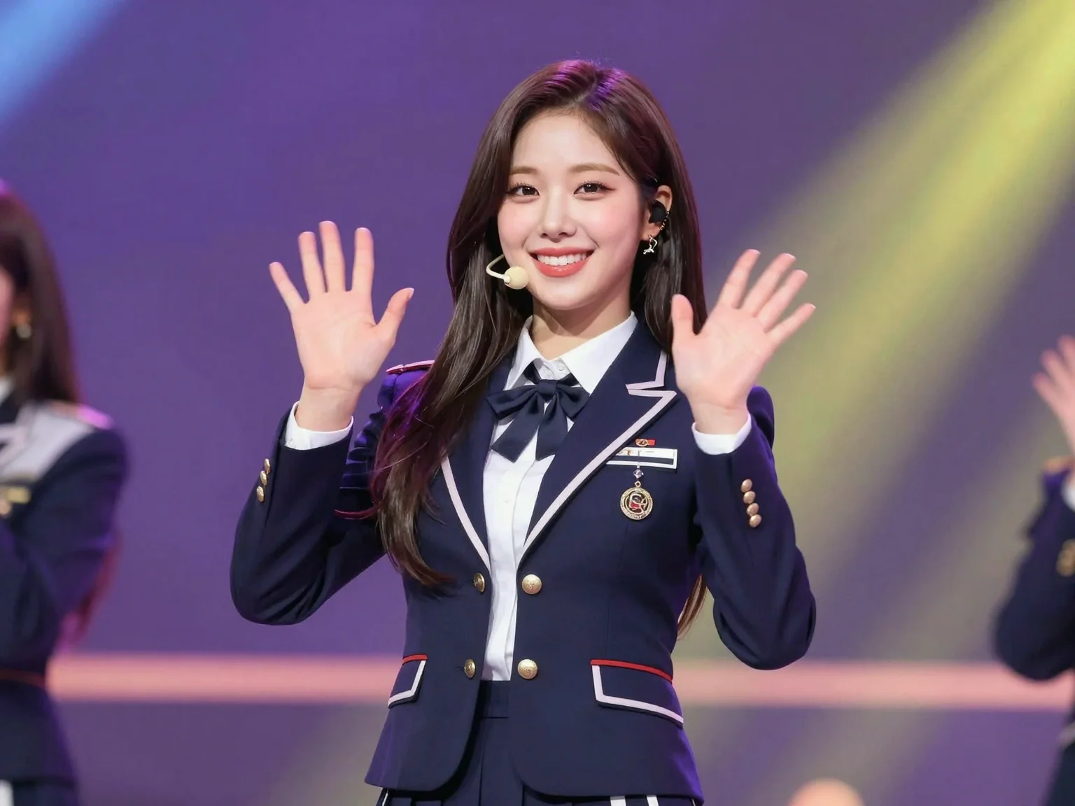 An illustration of a Korean female idol resembling TWICE's Tzuyu, wearing a uniform blazer-style stage costume, looking at the camera on stage and waving with both hands with a very happy smile.
