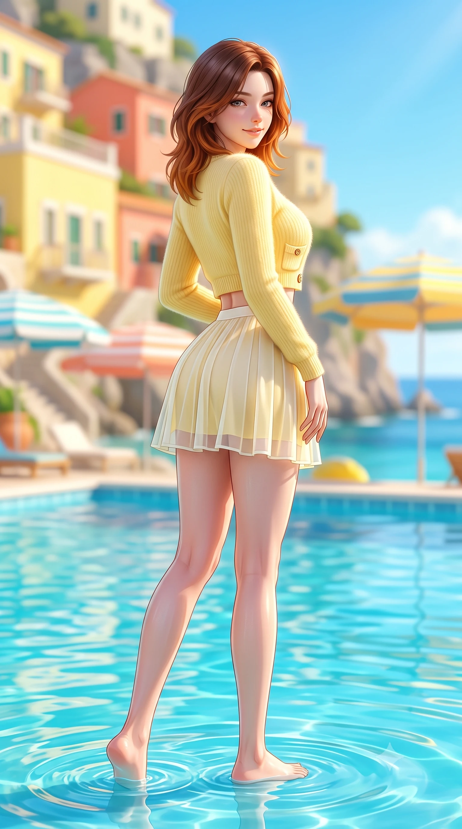 score_9, masterpiece, best quality, ultra-detailed, high-budget anime keyframe, semi-realistic 3D game render, editorial fashion photography, tasteful artistic composition, Korean woman. low angle full-body shot from head to toe showing her feet, filling the entire 9:16 vertical frame with her statuesque presence, stretching her vertical silhouette. posing with back turned slightly to the lens, glancing back with an enchanting, playful smile as she arches her lower back to emphasize her sculpted feminine hips and slender waist while wading lightly through the crystal turquoise pool with hips cocked back, looking over her shoulder with an alluring, sun-kissed bedroom-gaze. The composition keeps background elements in soft focus with dreamy creamy bokeh. cascading pastel yellow and coral cliffside villas, striped beach umbrellas, and azure sea blurred into lemon-yellow, peach, and sapphire bokeh. She has an exceptionally tall and slender model-like 8.5-heads proportion, an ultra-slim waist, a flat toned midriff, narrow delicate ribcage, and beautifully sculpted feminine hips creating a graceful, slim hourglass silhouette without any bulky heaviness, with impossibly long slender legs. sharp v-shaped jawline, high-bridge nose, intricate jewel-like sparkling eyes with depth, thick eyelashes, glossy parted lips with a natural peach sheen, bright cheerful beaming smile with an enchanting and coquettish sensual glint, exuding both youthful cute charm and seductive allure, flawlessly proportioned anatomical accuracy, strict slender model proportions, natural body alignment, perfectly sculpted long slender limbs, ultra-slim waistline, clean dynamic posture without body distortion. wearing a soft angora crop knit sweater with a sheer pleated organza mini skirt over an opaque silk slip in bright butter yellow and fresh cream white, formed from supple second-skin stretch ribbed knit clinging to her form, finished with neat front wooden buttons and delicate pocket details, the glove-like silhouette tightly following the natural contour of her hips and long slender legs with youthful 8.5-heads elegance. illuminated by intense pool water specular reflections sharply defining her razor-sharp jawline, narrow waist, and curvy hips. highly saturated vibrant anime colors, detailed shading with soft gradients, rich glossy textures, high-contrast stereoscopic depth, volumetric dynamic lighting, master piece, 9:16 ratio