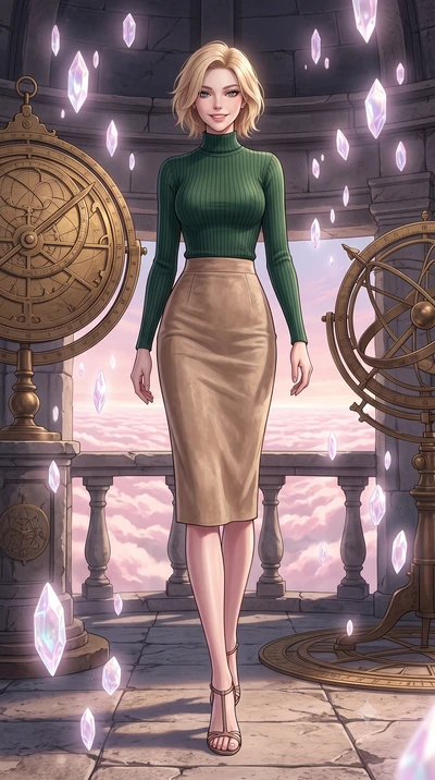 score_9, masterpiece, best quality, ultra-detailed, high-budget anime keyframe, editorial fashion photography, tasteful artistic composition, Caucasian woman, strictly human ears. low angle full-body shot from head to toe showing her feet, filling th