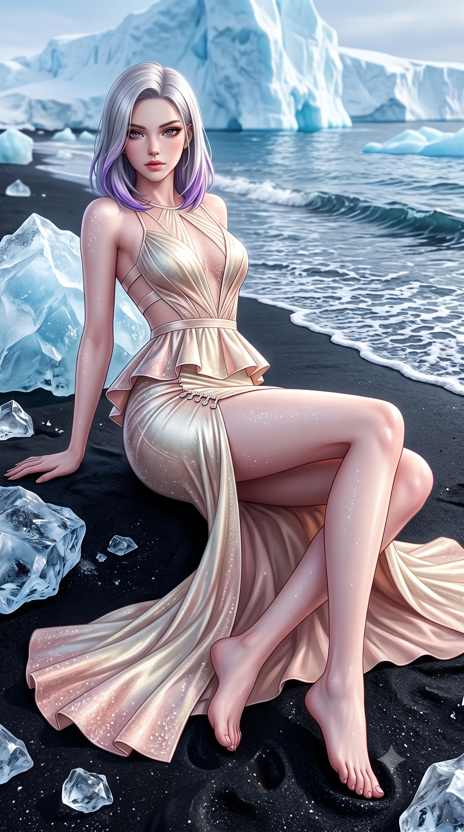 score_9, masterpiece, best quality, ultra-detailed, high-budget anime keyframe, semi-realistic 3D game render, editorial fashion photography, tasteful artistic composition, Caucasian woman. low angle full-body shot from head to toe showing her feet, filling the entire 9:16 vertical frame with her statuesque presence, stretching her vertical silhouette. reclining on her side in an elegant Cleopatra pose with one knee drawn up, the dramatic contour of her rounded hips and long slender legs commanding the 9:16 vertical frame while standing poised on the volcanic black sand between diamond-like glacial ice blocks, her wind-swept drapery sculpting her slim hourglass silhouette. The surrounding environment is rendered in vivid detail and crisp panoramic clarity. detailed thermal couture dress sheen, frost crystal beads on skin, and polar wave ripple clarity in high resolution. She has an exceptionally tall and slender model-like 8.5-heads proportion, an ultra-slim waist, a flat toned midriff, narrow delicate ribcage, and beautifully sculpted feminine hips creating a graceful, slim hourglass silhouette without any bulky heaviness, with impossibly long slender legs. sharp v-shaped jawline, high-bridge nose, intricate jewel-like eyes with depth, thick eyelashes, glossy parted lips with a natural sheen, intensely captivating and seductive bedroom-eyes expression, flawlessly proportioned anatomical accuracy, strict slender model proportions, natural body alignment, perfectly sculpted long slender limbs, ultra-slim waistline, clean dynamic posture without body distortion. wearing a structural geometric peplum gown with sheer side-ribbon cutouts and form-fitting skirt in vintage champagne ivory and delicate rose gold, crafted from luxurious metallic lamé that shifts radiance with every step, finished with an ultra-high side slit secured by miniature jeweled clasps, the form-contouring material adhering flawlessly to her sculpted flat midriff and slender torso, emphasizing her long leg lines and perfectly proportioned willowy build. illuminated by crisp ice crystal specular highlights sharply carving her razor-sharp jawline, narrow waist, and curvy hips. highly saturated vibrant anime colors, detailed shading with soft gradients, rich glossy textures, high-contrast stereoscopic depth, volumetric dynamic lighting, master piece, 9:16 ratio