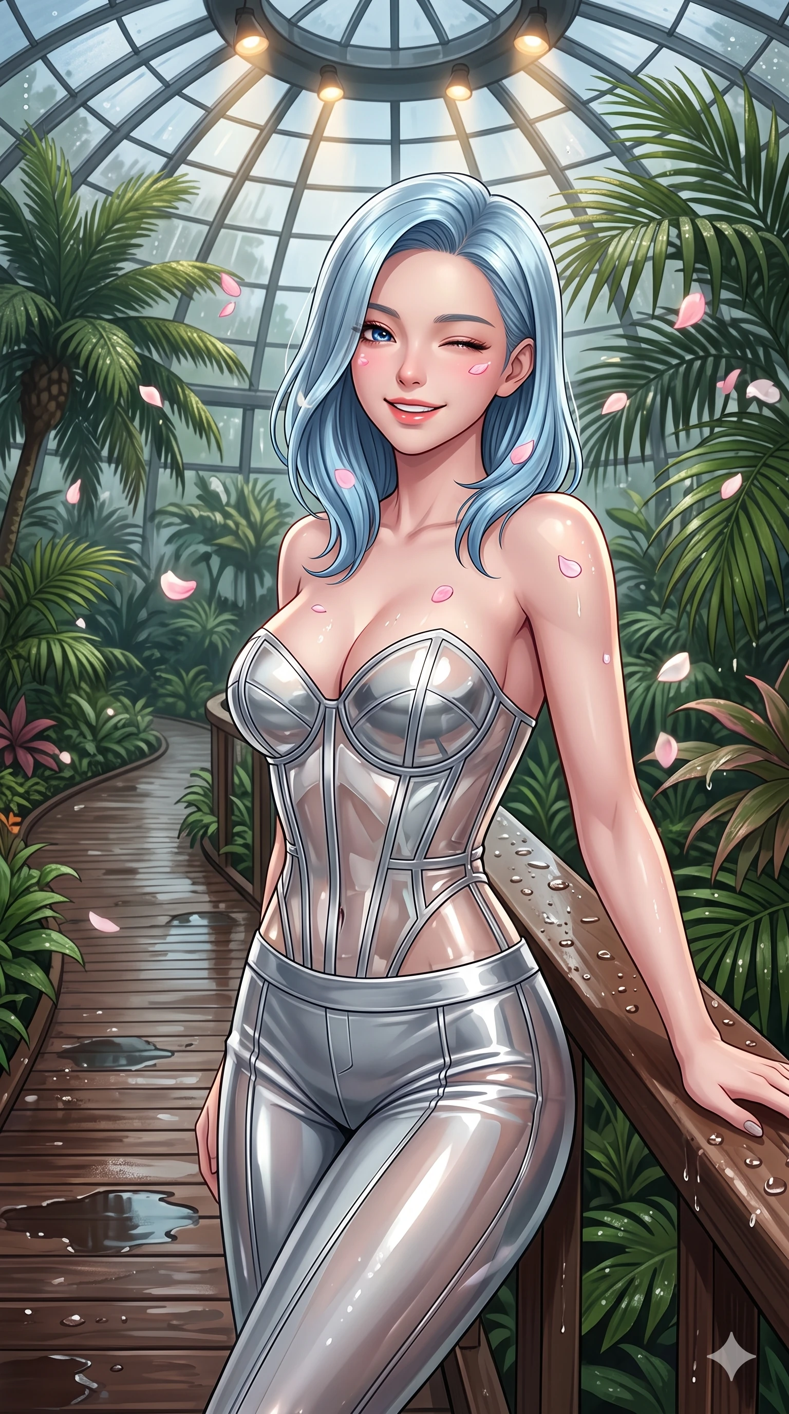 score_9, masterpiece, best quality, ultra-detailed, high-budget anime keyframe, vibrant anime aesthetic, Korean woman. close-up cowboy shot from the waist and thighs up, the character dominates the composition, filling the frame with her large presence, background elements kept in soft focus. She is leaning back on a wet, rain-slicked railing, winking and smiling delightfully, with a bright, joyful gaze surrounded by delicate flower petals. the background shows a soft-focus wooden boardwalk winding through a botanical garden greenhouse filled with exotic palms, under a glass dome (Code-P22-193). She has an absolutely perfect proportion, an exceptionally elegant and slender female figure with an ultra-slim waist. V-shaped jawline, high-bridge nose, intricate jewel-like eyes with depth, thick eyelashes, glossy lips with a natural sheen. wearing a translucent gloss-finish structured bodice with a sweetheart neckline and sleek pants in silver metallic and translucent gloss. She is illuminated by warm overhead spotlights inside the plant conservatory dome, casting soft shadows that enhance her features under the glass dome roof. 2k, ultra detail, master piece, 9:16 ratio