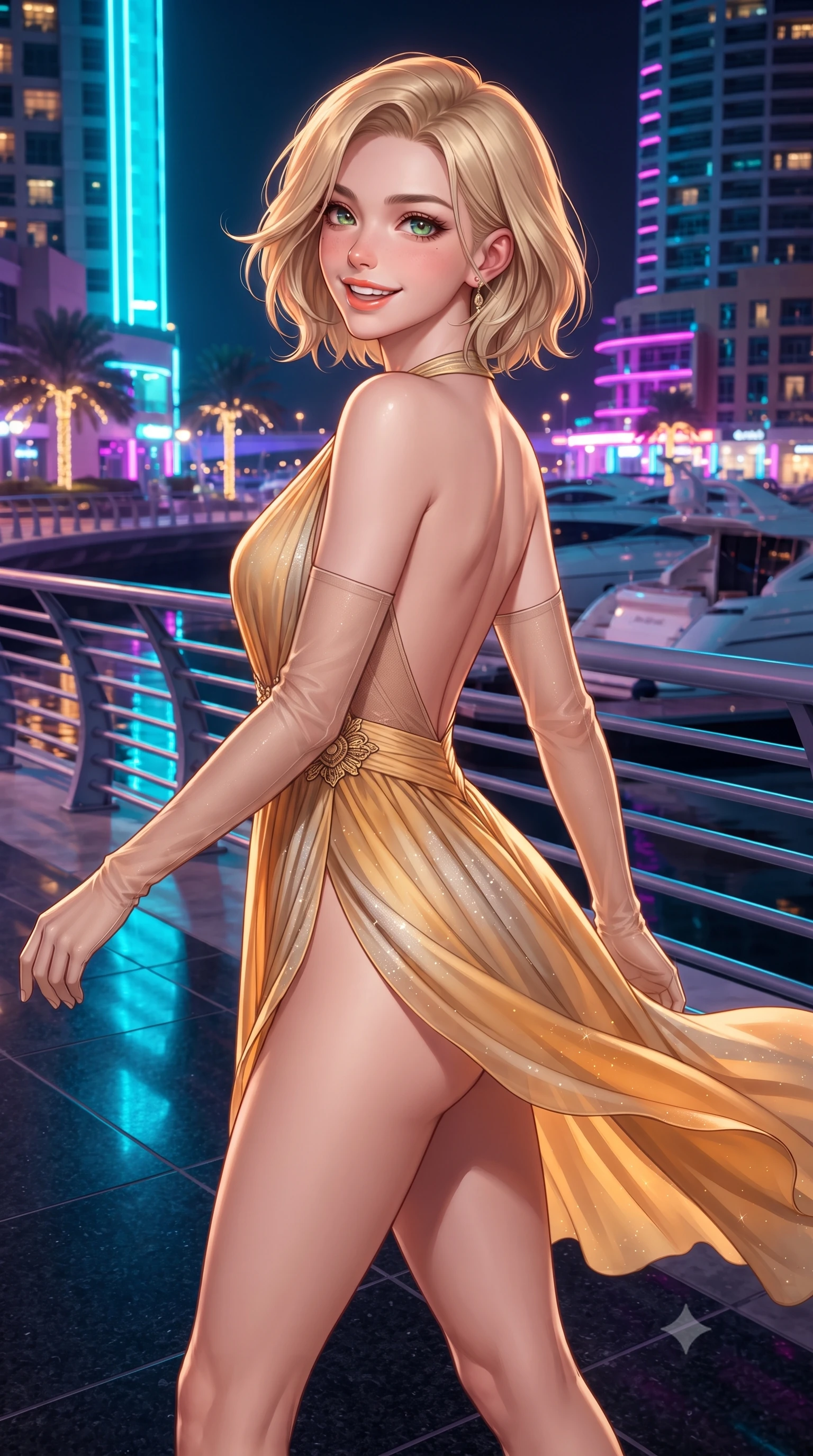 score_9, masterpiece, best quality, ultra-detailed, high-budget anime keyframe, editorial fashion photography, tasteful artistic composition, Caucasian woman. close-up cowboy shot from the waist and thighs up, the character dominates the composition, filling the frame with her large presence. posing in an alluring rear three-quarter angle, looking over a bare shoulder with parted glossy lips, her hips cocked back to highlight her slim hourglass curve while striding dynamically along the polished granite waterfront boardwalk, hips swaying with supermodel rhythm as her high-slit gown catches the breeze. The surrounding environment is rendered in vivid detail and crisp panoramic clarity: sharp polished black granite pavement joints, stainless steel railing joints, and yacht hull gelcoat reflections in deep focus. She has an exceptionally elegant, slender, and willowy female figure with an ultra-slim waist, flat toned midriff, narrow ribcage, and sculpted feminine hips creating an alluring, slim hourglass silhouette without bulk. sharp v-shaped jawline, high-bridge nose, intricate jewel-like sparkling eyes with depth, thick eyelashes, glossy parted lips with a natural peach sheen, bright cheerful beaming smile with an enchanting and coquettish sensual glint, exuding both youthful cute charm and seductive allure, flawlessly proportioned anatomical accuracy, strict slender model proportions, natural body alignment, perfectly sculpted long slender limbs, ultra-slim waistline, clean dynamic posture without body distortion. wearing a backless Grecian silk chiffon mini dress with a deep plunging V-neckline and gold waist brooch in Dubai desert golden hour amber and pure starlight platinum, made of semi-opaque stretch illusion mesh with soft shadowy contours along her waist, complemented by sheer opera-length evening gloves tracing her slender arms, the form-contouring silhouette accentuating her sculpted flat midriff, narrow delicate ribcage, and gracefully curvy hips with intoxicating allure. bathed in intense saturated cyan, magenta, and gold neon architectural facade lighting reflecting in dark marina water. ultra-reflective glossy finish, specular highlights, rich textural contrasts, high-contrast stereoscopic depth, volumetric dynamic lighting, 2k, ultra detail, master piece, 9:16 ratio