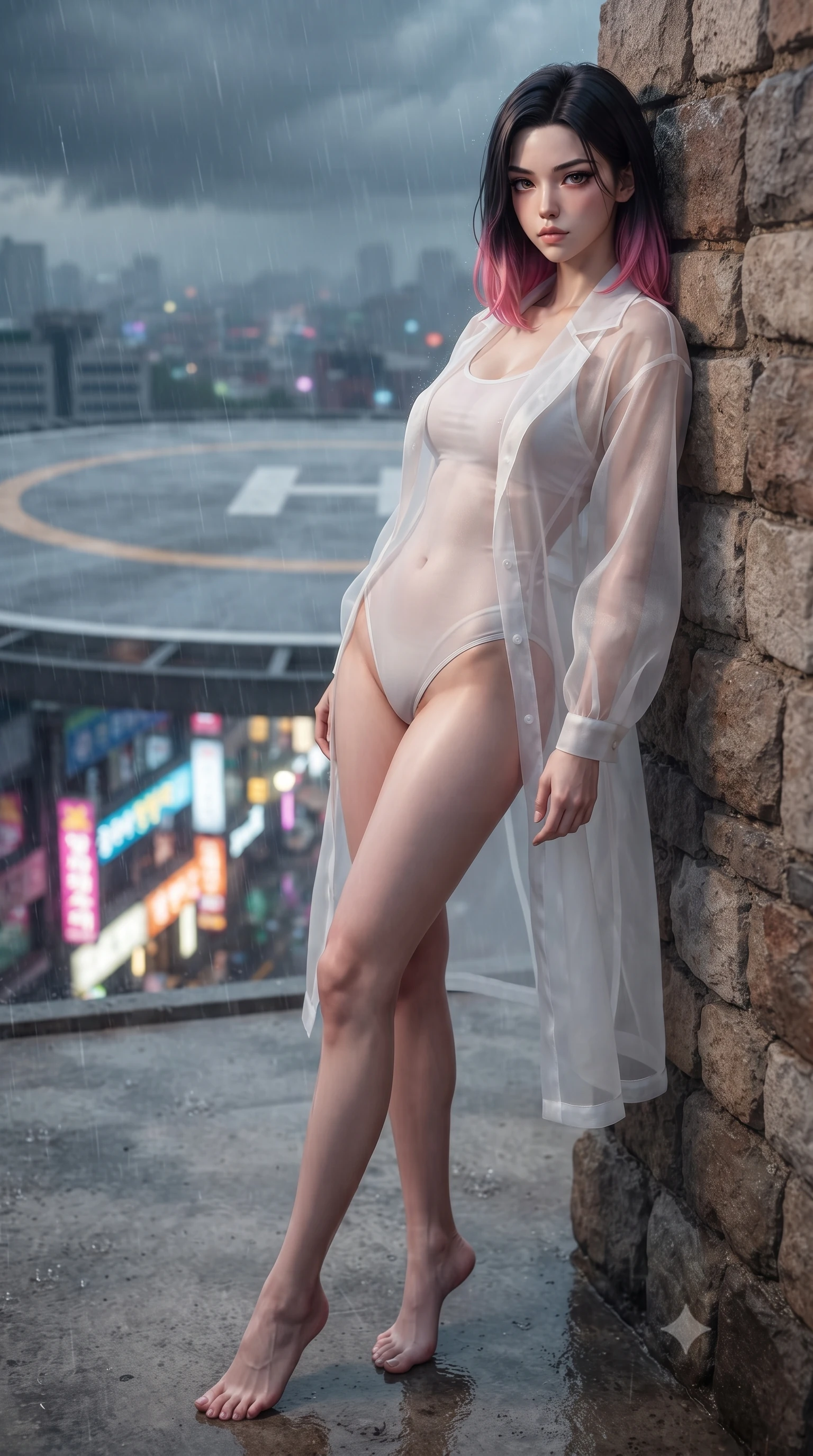 score_9, masterpiece, best quality, ultra-detailed, high-budget anime keyframe, editorial fashion photography, tasteful artistic composition, Korean woman. low angle full-body shot from head to toe showing her feet, filling the entire 9:16 vertical frame with her statuesque presence, stretching her vertical silhouette. leaning back against a rustic stone wall, casting a slow, alluring gaze at the camera the background shows a soft-focus a rooftop helipad circle during a heavy thunderstorm with wet concrete. She has an absolutely perfect, statuesque 8.5-heads proportion, an exceptionally tall and slender model-like female figure with impossibly long slender legs and an ultra-slim waist. sharp v-shaped jawline, high-bridge nose, intricate jewel-like eyes with depth, thick eyelashes, glossy lips with a natural sheen. wearing a tailored sheer white organza resort cover-up worn over a form-fitting one-piece swimsuit, showing her elegant clavicle lines. vibrant streetlights and neon signs reflecting off the wet asphalt surface. ultra-reflective glossy finish, specular highlights, metallic sheen, high-contrast stereoscopic depth, volumetric dynamic lighting, 2k, ultra detail, master piece, 9:16 ratio