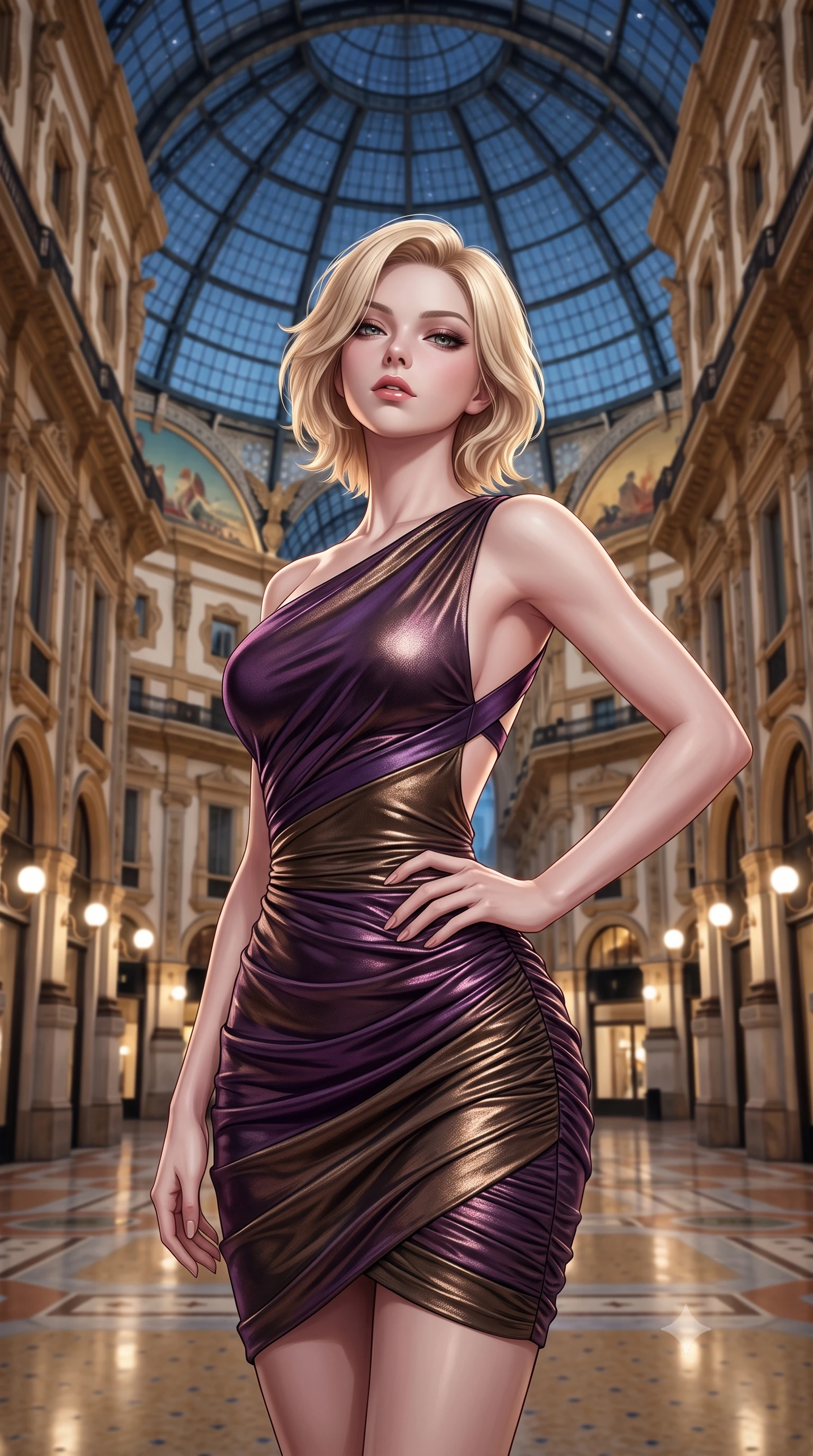 score_9, masterpiece, best quality, ultra-detailed, high-budget anime keyframe, semi-realistic 3D game render, editorial fashion photography, tasteful artistic composition, Caucasian woman. close-up cowboy shot from the waist and thighs up, the character dominates the composition, filling the frame with her large presence. tilting her chin up with proud, sovereign allure while gazing through thick eyelashes, one hand resting on her waist in pure supermodel charisma while standing poised between towering four-story neoclassical facades, twisting her slender torso in an alluring S-curve under the starlit glass dome. The composition keeps background elements in soft focus with creamy bokeh. neoclassical stone arches and decorative mosaic murals softened in midnight Italian shallow focus. She has an exceptionally elegant, slender, and willowy female figure with an ultra-slim waist, flat toned midriff, narrow ribcage, and sculpted feminine hips creating an alluring, slim hourglass silhouette without bulk. sharp v-shaped jawline, high-bridge nose, intricate jewel-like eyes with depth, thick eyelashes, glossy parted lips with a natural sheen, intensely captivating and seductive bedroom-eyes expression, flawlessly proportioned anatomical accuracy, strict slender model proportions, natural body alignment, perfectly sculpted long slender limbs, ultra-slim waistline, clean dynamic posture without body distortion. wearing a form-contouring cocktail dress with an asymmetrical open shoulder and hip-defining ruching in deep plum violet and antique bronze, crafted from luxurious metallic lamé that shifts radiance with every step, finished with criss-cross back satin straps highlighting her graceful shoulder blades, the precision-cut side openings and low-back scoop framing her graceful spine and the sensual sweep of her slim, toned hips. illuminated by polished marble floor specular bounce sharply defining her sculpted collarbones, ultra-slim waist, and curvy hips. highly saturated vibrant anime colors, detailed shading with soft gradients, rich glossy textures, high-contrast stereoscopic depth, volumetric dynamic lighting, master piece, 9:16 ratio