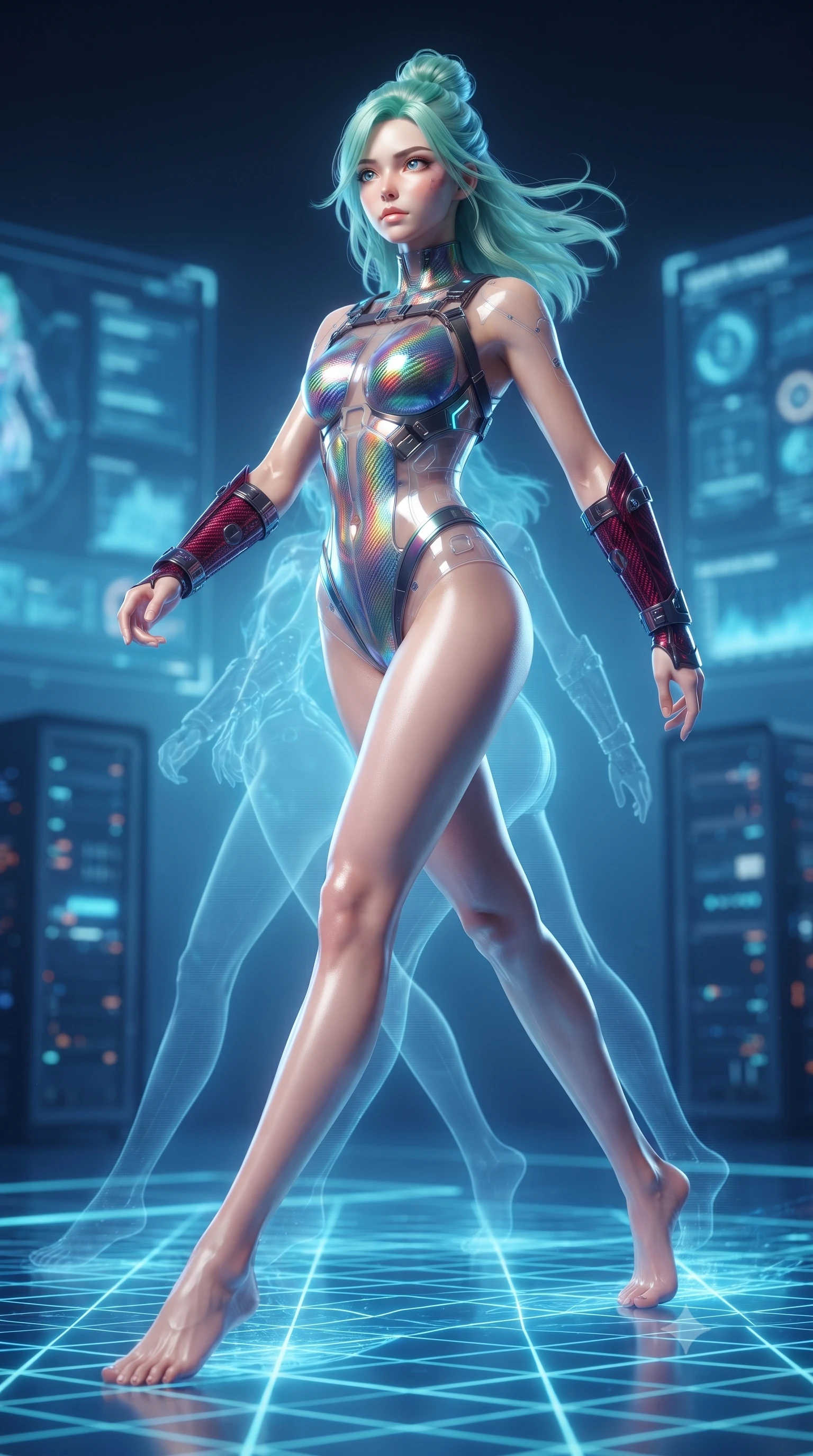 score_9, masterpiece, best quality, ultra-detailed, high-budget anime keyframe, editorial fashion photography, tasteful artistic composition, Japanese woman. low angle full-body shot from head to toe showing her feet, filling the entire 9:16 vertical frame with her statuesque presence, stretching her vertical silhouette. striding forward with sovereign warrior elegance in a low, predatory combat advance, hips swaying with fierce athletic poise from head to toe while shifting at supersonic speed across a glowing quantum grid floor, leaving translucent holographic after-images in her wake. The composition keeps background elements in soft focus with creamy bokeh. supercomputer processor towers and holographic interface walls softened in dreamy atmospheric depth. She has an absolutely perfect, statuesque 8.5-heads proportion, an exceptionally tall and slender model-like female figure with impossibly long slender legs, a toned flat midriff, and an ultra-slim waist. sharp v-shaped jawline, high-bridge nose, intricate jewel-like eyes with depth, thick eyelashes, glossy lips with a natural sheen, flawlessly proportioned anatomical accuracy, strict slender model proportions, natural body alignment, perfectly sculpted long slender limbs, ultra-slim waistline, clean dynamic posture without body distortion. wearing a high-gloss iridescent rainbow carbon-weave bodysuit with translucent cybernetic panels and Damascus-steel forearm bracers in deep crimson carbon weave with specular dark chrome accents, made of liquid carbon-jersey fabric adhering flawlessly to her sculpted silhouette, reinforced by a sleek titanium kinetic harness and glowing micro-energy straps, the sleek second-skin cut tightly hugging her graceful clavicle, narrow waist, and feminine curves with athletic precision. bathed in glowing electric sapphire and cyan data stream illumination with rich ambient blue fill. ultra-reflective glossy finish, specular highlights, dark metallic sheen, high-contrast stereoscopic depth, volumetric dynamic lighting, 2k, ultra detail, master piece, 9:16 ratio