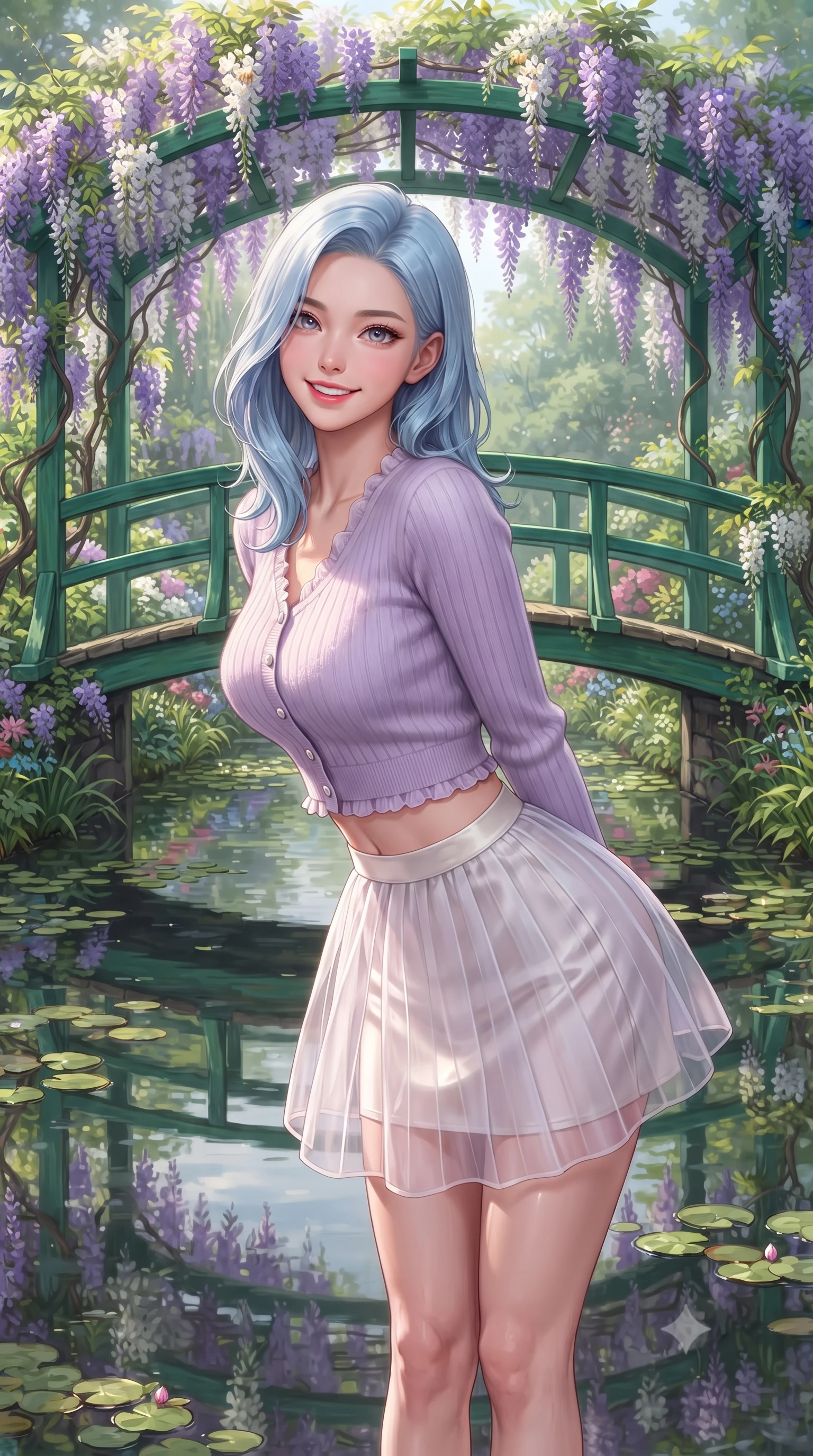 score_9, masterpiece, best quality, ultra-detailed, high-budget anime keyframe, editorial fashion photography, tasteful artistic composition, Korean woman. close-up cowboy shot from the waist and thighs up, the character dominates the composition, filling the frame with her large presence. leaning forward with playful cute grace while arching her lower back to accentuate her curvy hips, looking into the camera with a bright cheerful smile and alluring coquettish bedroom-eyes while pausing gracefully at the center of the iconic green arched wooden bridge draped in wisteria, arching her back with an enchanting, bright cute smile. The surrounding environment is rendered in vivid detail and crisp panoramic clarity. detailed pastel chiffon dress weave, soft sunlight specular sheen on skin, and Monet garden landscape clarity in high resolution. She has an exceptionally elegant, slender, and willowy female figure with an ultra-slim waist, flat toned midriff, narrow ribcage, and sculpted feminine hips creating an alluring, slim hourglass silhouette without bulk. sharp v-shaped jawline, high-bridge nose, intricate jewel-like sparkling eyes with depth, thick eyelashes, glossy parted lips with a natural peach sheen, bright cheerful beaming smile with an enchanting and coquettish sensual glint, exuding both youthful cute charm and seductive allure, flawlessly proportioned anatomical accuracy, strict slender model proportions, natural body alignment, perfectly sculpted long slender limbs, ultra-slim waistline, clean dynamic posture without body distortion. wearing a soft angora crop knit sweater with a sheer pleated organza mini skirt over an opaque silk slip in delicate lavender violet and pearlescent white, formed from supple second-skin stretch ribbed knit clinging to her form, finished with subtle ruffle trims and delicate pearl buttons, the form-contouring cut accentuating her sculpted flat midriff, narrow delicate ribcage, and gracefully curvy hips with supermodel precision. illuminated by calm pond surface specular reflections sharply defining her razor-sharp jawline, narrow waist, and curvy hips. ultra-reflective glossy finish, specular highlights, rich textural contrasts, high-contrast stereoscopic depth, volumetric dynamic lighting, 2k, ultra detail, master piece, 9:16 ratio