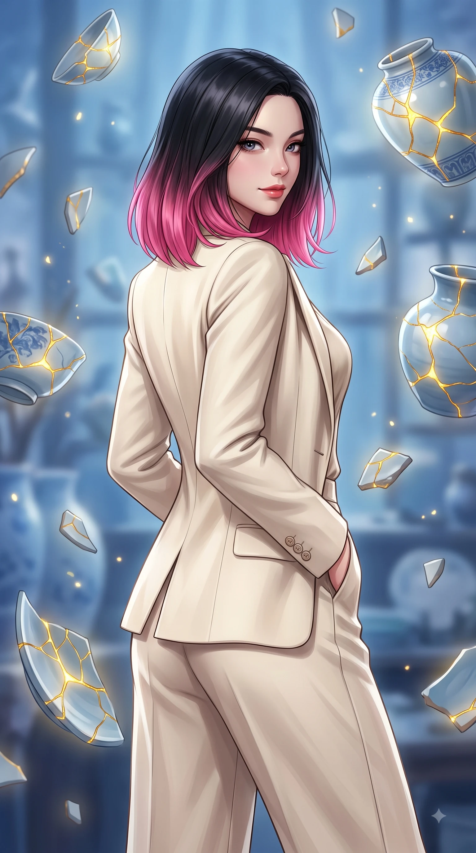 score_9, masterpiece, best quality, ultra-detailed, high-budget anime keyframe, editorial fashion photography, tasteful artistic composition, Korean woman woman. close-up cowboy shot from the waist and thighs up, the character dominates the composition, filling the frame with her large presence, background elements kept in soft focus. She has an exceptionally elegant, slender, and willowy female figure with an ultra-slim waist, a gracefully sculpted slender torso, and a refined silhouette. glancing sidelong over her shoulder with a smoldering, magnetic half-smile, flawlessly proportioned anatomical accuracy, natural body alignment, perfectly sculpted elegant limbs, clean dynamic posture without body distortion. set against a soft-focus background of a floating blue porcelain workshop with levitating kintsugi shards. wearing a tailored cream wool blazer over an oatmeal silk camisole and wide-leg trousers. bathed in gold ethereal light radiating from gold cracks in floating ceramics with intense inner glow. highly saturated vibrant anime colors, detailed shading with soft gradients, rich glossy textures, high-contrast stereoscopic depth, volumetric dynamic lighting, master piece, 9:16 ratio