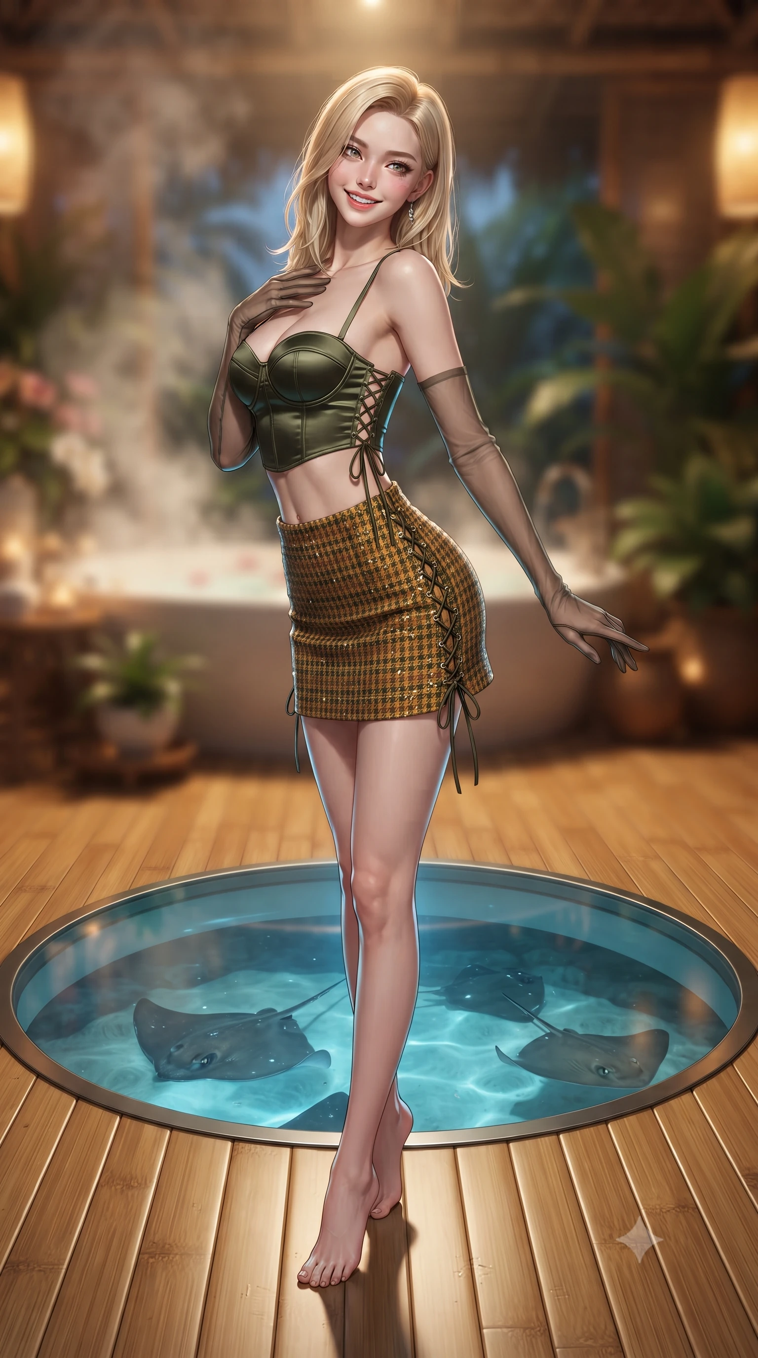 score_9, masterpiece, best quality, ultra-detailed, high-budget anime keyframe, editorial fashion photography, tasteful artistic composition, Korean woman. low angle full-body shot from head to toe showing her feet, filling the entire 9:16 vertical frame with her statuesque presence, stretching her vertical silhouette. executing a slow, graceful pivot turn as her skirt sways around her slender legs, glancing back with an enchanting, teasing sensual expression while standing poised on the polished bamboo deck beside the circular tempered glass floor opening revealing swimming stingrays below, arching her spine with wet-look siren grace. The background shows a soft-focus swirling floral bath steam softened in ultra-luxury holistic island spa shallow focus. She has an exceptionally tall and slender model-like 8.5-heads proportion, an ultra-slim waist, a flat toned midriff, narrow delicate ribcage, and beautifully sculpted feminine hips creating a graceful, slim hourglass silhouette without any bulky heaviness, with impossibly long slender legs. sharp v-shaped jawline, high-bridge nose, intricate jewel-like sparkling eyes with depth, thick eyelashes, glossy parted lips with a natural peach sheen, bright cheerful beaming smile with an enchanting and coquettish sensual glint, exuding both youthful cute charm and seductive allure, flawlessly proportioned anatomical accuracy, strict slender model proportions, natural body alignment, perfectly sculpted long slender limbs, ultra-slim waistline, clean dynamic posture without body distortion. wearing a sculpted satin underwire crop bustier with lace-up side ties paired with a micro skirt in Tuscan cypress dark olive and sunset amber gold, woven from structured British tweed with subtle metallic flecks, complemented by sheer opera-length evening gloves tracing her slender arms, the impeccably tailored cut draping gracefully along her slender figure with aristocratic poise. illuminated by glass floor reflection bounce and sharp platinum-cyan rim lights defining her dewy collarbones, ultra-slim waist, and curvy hips. ultra-reflective glossy finish, specular highlights, rich textural contrasts, high-contrast stereoscopic depth, volumetric dynamic lighting, 2k, ultra detail, master piece, 9:16 ratio