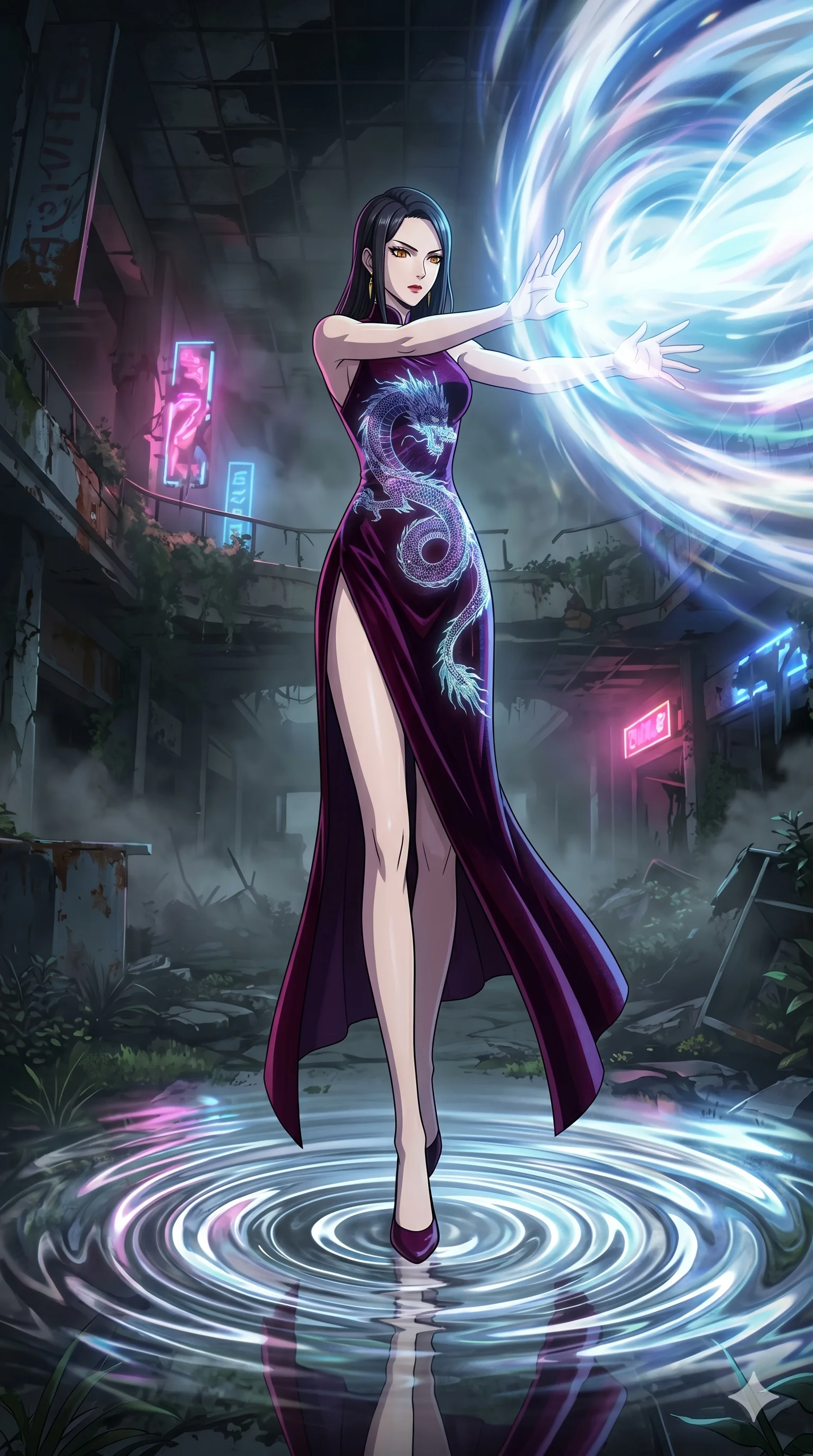 score_9, masterpiece, best quality, ultra-detailed, Set A: High-budget Anime Keyframe, Japanese woman. Low angle cowboy shot filling the entire 9:16 frame with her statuesque presence. Theme: Ethereal Dream. unleashing a massive energy wave in a ruined overgrown shopping mall, as she steps on ripples of time that distort the space 81. The atmosphere is filled with heavy smog with neon flares. She has an absolutely perfect 8-heads proportion, an exceptionally tall and slender female figure with impossibly long slender legs and an ultra-slim waist. Sharp v-shaped jawline, high-bridge nose, intricate jewel-like eyes with depth, glossy lips. Wearing High-slit velvet gown with integrated holographic projection of a dragon. Cinematic lighting, vivid colors, dramatic shadows, 2k, ultra detail, master piece, 9:16 ratio
