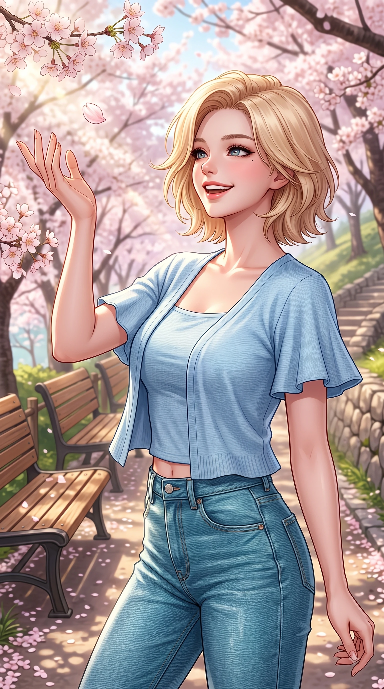 score_9, masterpiece, best quality, ultra-detailed, high-budget anime keyframe, editorial fashion photography, tasteful artistic composition, Caucasian woman. close-up cowboy shot from the waist and thighs up, the character dominates the composition, filling the frame with her large presence. Radiant youthful grin reflecting girlhood charm while casting a playful, joyful side-gaze with heavy lashes while reaching her hand up playfully to catch a floating blossom petal with a joyful expression. The surrounding environment is rendered in vivid detail and crisp panoramic clarity. delicate cherry blossom petal clusters, wooden park benches, and historic hill paths in crisp detail. She has an exceptionally elegant, slender, and willowy female figure with an ultra-slim waist, a gracefully sculpted slender torso, and a refined silhouette. sharp v-shaped jawline, high-bridge nose, intricate jewel-like eyes with depth, thick eyelashes, glossy lips with a natural sheen, flawlessly proportioned anatomical accuracy, natural body alignment, perfectly sculpted elegant limbs, clean dynamic posture without body distortion. wearing a casual chic pastel blue cropped cardigan with high-rise straight-leg denim jeans in ocean turquoise and sea-salt white, tailored from crisp cotton poplin, featuring elegant flutter sleeves and a graceful square neckline, the soft airy drape swaying gracefully with her dynamic movements. bathed in bright morning sunbeams and warm golden sakura backlighting. highly saturated vibrant anime colors, detailed shading with soft gradients, rich glossy textures, high-contrast stereoscopic depth, volumetric dynamic lighting, master piece, 9:16 ratio