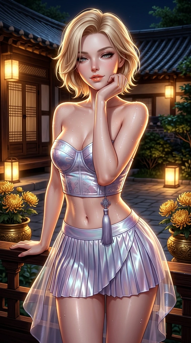 score_9, masterpiece, best quality, ultra-detailed, high-budget anime keyframe, semi-realistic 3D game render, editorial fashion photography, tasteful artistic composition, Caucasian woman. close-up cowboy shot from the waist and thighs up, the character dominates the composition, filling the frame with her large presence. resting one elbow on the lacquered balustrade and supporting her chin, leaning close to the camera with heavy-lidded sparkling eyes and parted lips while twisting her slender torso in an alluring contrapposto stance between golden chrysanthemum urns, warm moonlight tracing her flat midriff. The surrounding environment is rendered in vivid detail and crisp panoramic clarity: detailed liquid silk satin halter leotard tailoring, sheer nobang wrap skirt, and traditional hanok architecture in razor-sharp precision. She has an exceptionally elegant, slender, and willowy female figure with an ultra-slim waist, flat toned midriff, narrow ribcage, and sculpted feminine hips creating an alluring, slim hourglass silhouette without bulk. sharp v-shaped jawline, high-bridge nose, sparkling eyes with hypnotic seductive depth, thick curled eyelashes, glossy parted lips with a natural dewy peach sheen, alluring bedroom-eyes with an enchanting coquettish smile, exuding magnetic siren charisma and sophisticated glamour, flawlessly proportioned anatomical accuracy, strict slender model proportions, natural body alignment, perfectly sculpted long slender limbs, ultra-slim waistline, clean dynamic posture without body distortion. wearing a modern boned hanbok bustier top with norigae tassel paired with an ultra-short micro-pleated silk wrap mini skirt in iridescent mother-of-pearl and misty lavender, crafted from wet-look high-gloss vinyl fabric with dazzling specular surface reflections, finished with glistening drops of night dew beading across her sculpted shoulders and flat midriff, the glove-like clinging cut tightly following the natural contour of her hips and long slender legs with youthful 8.5-heads elegance. illuminated by courtyard lantern bounce and sharp honey-gold rim lights sculpting her razor-sharp jawline, narrow waist, and curvy hips. highly saturated vibrant anime colors, detailed shading with soft gradients, rich glossy textures, high-contrast stereoscopic depth, volumetric dynamic lighting, master piece, 9:16 ratio