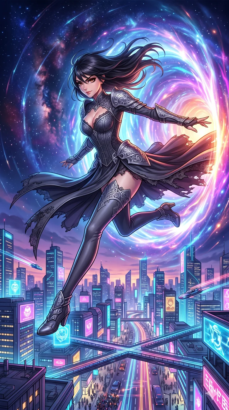score_9, masterpiece, best quality, ultra-detailed, High-budget Anime Keyframe, beautiful Japanese anime girl. Low angle cowboy shot filling the entire 9:16 frame with her statuesque presence. Leaping through a portal made of swirling light and color into a futuristic city. She has an absolutely perfect 8-heads proportion, an exceptionally tall and slender female figure with impossibly long slender legs and an ultra-slim waist. Sharp v-shaped jawline, high-bridge nose, intricate jewel-like eyes with depth, thick eyelashes, glossy lips with a natural sheen. Wearing a Dark Fantasy outfit: gothic charcoal lace corset gown with silver armor and a plunging neckline. Background is a bright and colorful transition between a cosmic void and a neon-lit metropolis. 2k, ultra detail, master piece, 9:16 ratio