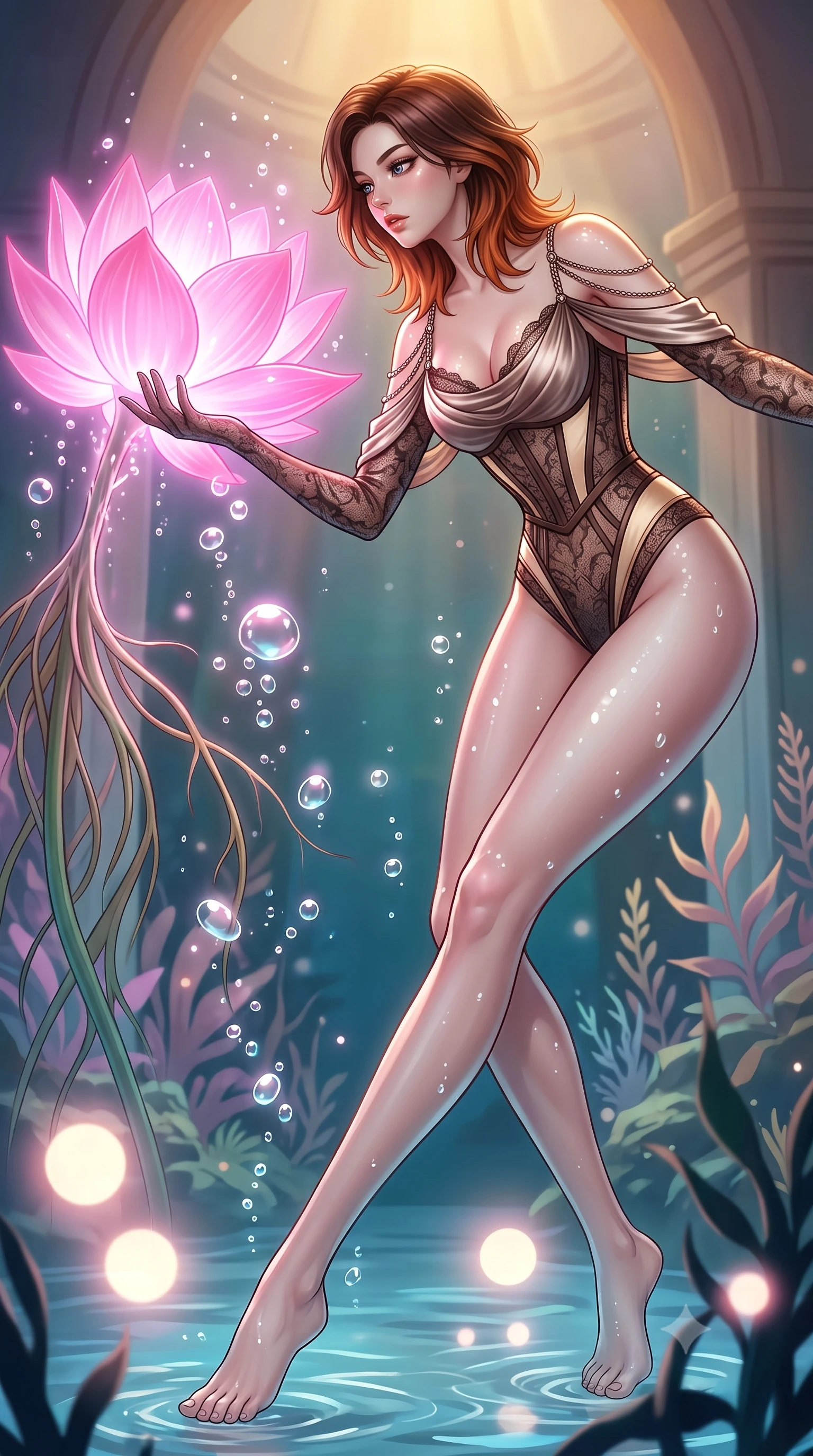 score_9, masterpiece, best quality, ultra-detailed, high-budget anime keyframe, editorial fashion photography, tasteful artistic composition, Korean woman. low angle full-body shot from head to toe showing her feet, filling the entire 9:16 vertical frame with her statuesque presence, stretching her vertical silhouette. forging dynamically through the scene with her long slender legs and ultra-slim waist creating a sweeping S-curve while reaching out to touch a giant bioluminescent pink lotus flower emitting soft light orbs, rising underwater bubbles casting pearl-white specular highlights on her skin. She has an absolutely perfect, statuesque 8.5-heads proportion, an exceptionally tall and slender model-like female figure with impossibly long slender legs and an ultra-slim waist. sharp v-shaped jawline, high-bridge nose, intricate jewel-like eyes with depth, thick eyelashes, glossy lips with a natural sheen, flawlessly proportioned anatomical accuracy, natural body alignment, perfectly sculpted elegant limbs, clean dynamic posture without body distortion. wearing a sheer dark lace pattern bodysuit with structured corsetry boning in espresso brown and warm cream, crafted from lustrous satin jersey with fluid draping, adorned with delicate metallic chain straps along the neckline, the glove-like fit emphasizing her statuesque silhouette during motion. illuminated by radiant pink bioluminescence and warm golden top lighting. highly saturated vibrant anime colors, detailed shading with soft gradients, rich glossy textures, high-contrast stereoscopic depth, volumetric dynamic lighting, master piece, 9:16 ratio