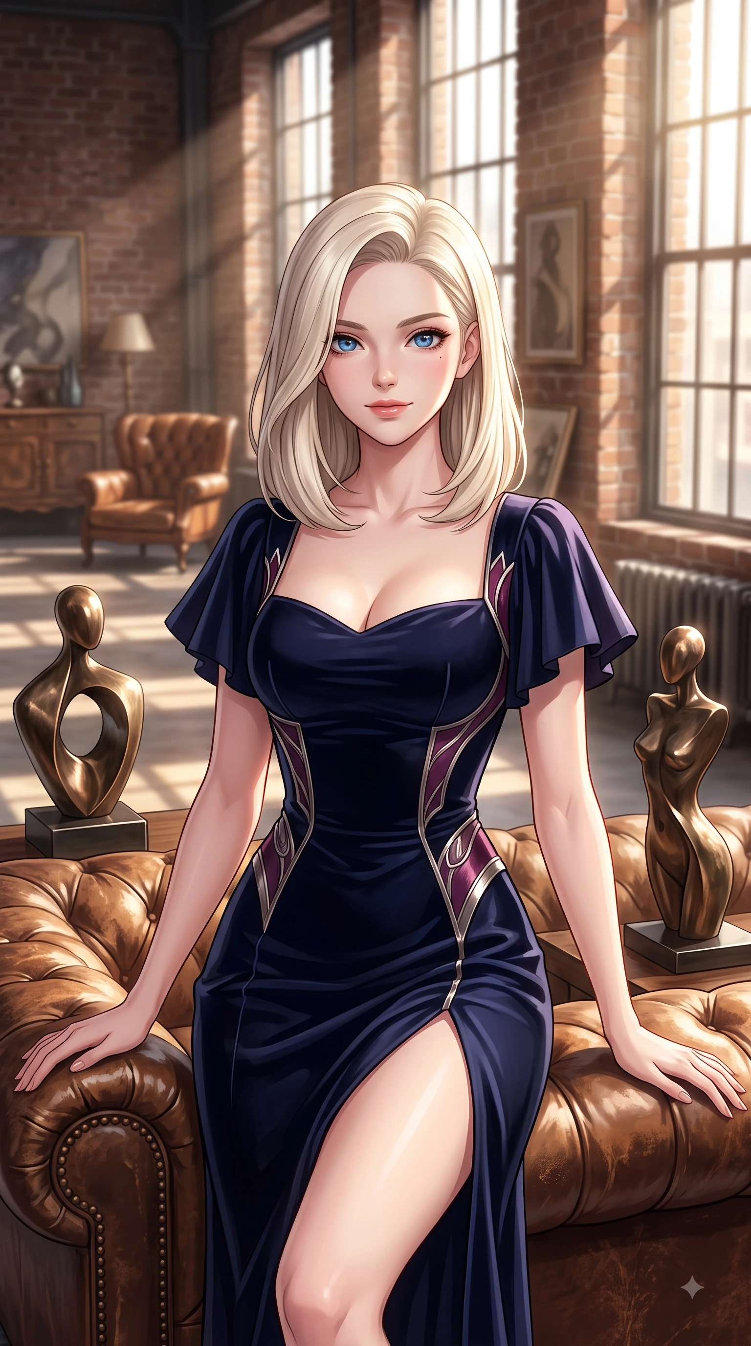 score_9, masterpiece, best quality, ultra-detailed, high-budget anime keyframe, editorial fashion photography, tasteful artistic composition, Caucasian woman. close-up cowboy shot from the waist and thighs up, the character dominates the composition, filling the frame with her large presence. Pure innocent expression with clear crystalline eyes, a gentle tender smile, and an airy serene aura while resting on a leather vintage sofa flanked by modern bronze sculptures. The composition keeps background elements in soft focus with dreamy bokeh. exposed brick textures and sunlit factory windows blurred in gentle background depth. She has an exceptionally elegant, slender, and willowy female figure with an ultra-slim waist, a gracefully sculpted slender torso, and a refined silhouette. sharp v-shaped jawline, high-bridge nose, intricate jewel-like eyes with depth, thick eyelashes, glossy lips with a natural sheen, flawlessly proportioned anatomical accuracy, natural body alignment, perfectly sculpted elegant limbs, clean dynamic posture without body distortion. wearing a sleek dark navy velvet bustier gown with a deep slit and metallic accents in rich plum violet and metallic platinum, tailored from crisp high-density cotton poplin, featuring elegant flutter sleeves and a graceful square neckline, the tailored fit highlighting her statuesque and model-like silhouette. bathed in warm volumetric sunbeams filtering through tall industrial windows. highly saturated vibrant anime colors, detailed shading with soft gradients, rich glossy textures, high-contrast stereoscopic depth, volumetric dynamic lighting, master piece, 9:16 ratio