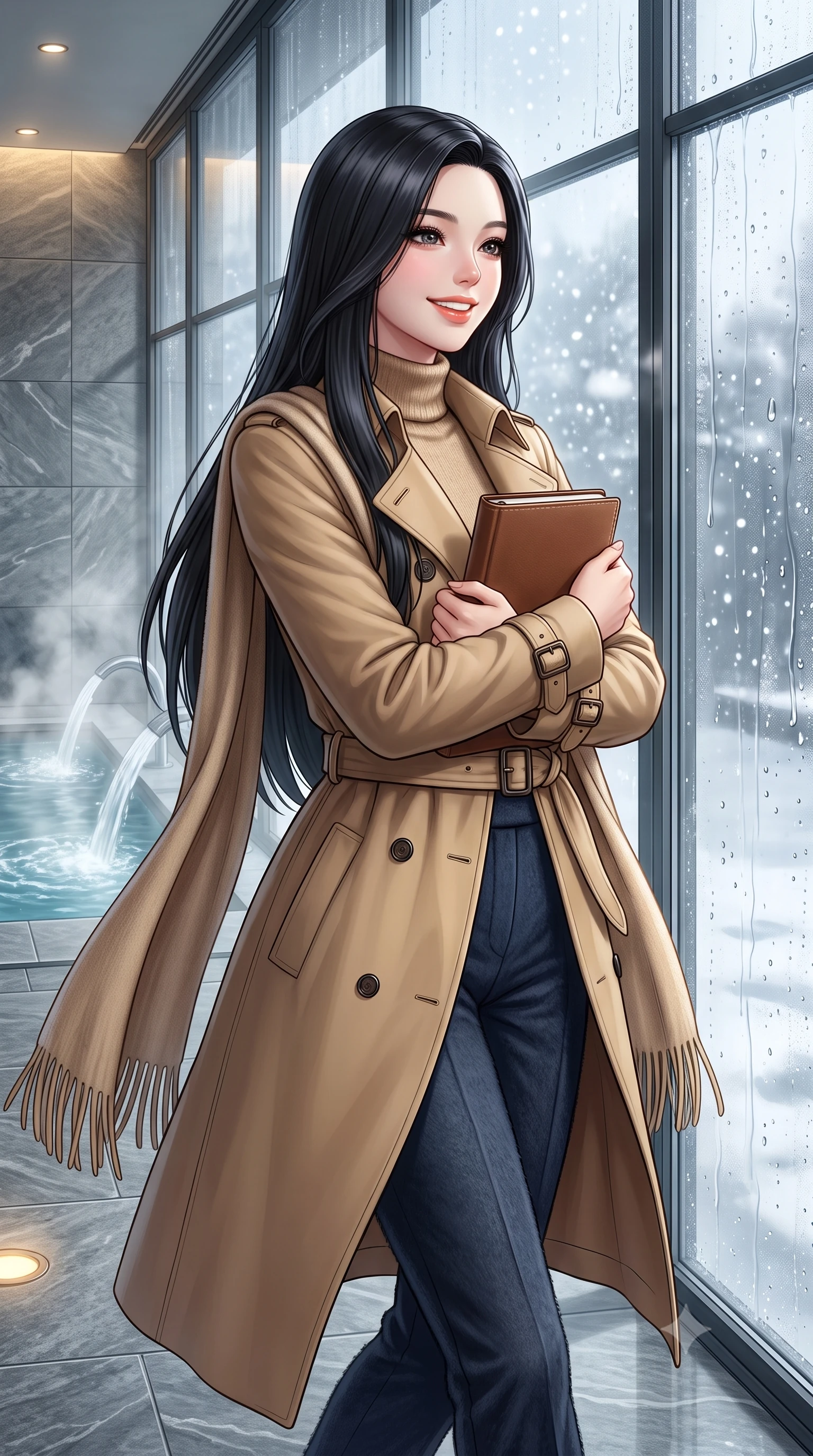 score_9, masterpiece, best quality, ultra-detailed, high-budget anime keyframe, semi-realistic 3D game render, editorial fashion photography, tasteful artistic composition, Korean woman. close-up cowboy shot from the waist and thighs up, the character dominates the composition, filling the frame with her large presence. holding a leather notebook close to her chest with both arms, smiling delightfully with youthful scholarly grace while walking past steaming indoor hydrotherapy fountains toward the glass wall looking out at falling snow, turning with radiant poise. The surrounding environment is rendered in vivid detail and crisp panoramic clarity: sharp thermal glass mullion seams, water droplet rivulets on exterior panes, and textured grey Vals quartzite stone tiles in deep focus. She has an exceptionally elegant, slender, and willowy female figure with an ultra-slim waist, flat toned midriff, narrow ribcage, and sculpted feminine hips creating an alluring, slim hourglass silhouette without bulk. sharp v-shaped jawline, high-bridge nose, intricate jewel-like sparkling eyes with depth, thick eyelashes, glossy parted lips with a natural peach sheen, bright cheerful beaming smile with an enchanting and coquettish sensual glint, exuding both youthful cute charm and seductive allure, flawlessly proportioned anatomical accuracy, strict slender model proportions, natural body alignment, perfectly sculpted long slender limbs, ultra-slim waistline, clean dynamic posture without body distortion. wearing a classic double-breasted trench coat with a cinched waist belt worn over a fine-knit cashmere turtleneck and tailored trousers in Ginza vintage brass gold and midnight navy, woven from plush alpaca yarn with a cloud-like fuzzy texture and soft halo, accented with a wide brushed cashmere fringe scarf draped elegantly over one shoulder, the sharp shoulder tailoring and gently nipped waist framing her slender torso with pristine sartorial perfection. bathed in calm diffused winter daylight filtering through steamy glass panes combined with warm 2800K recessed floor lights. highly saturated vibrant anime colors, detailed shading with soft gradients, rich glossy textures, high-contrast stereoscopic depth, volumetric dynamic lighting, master piece, 9:16 ratio