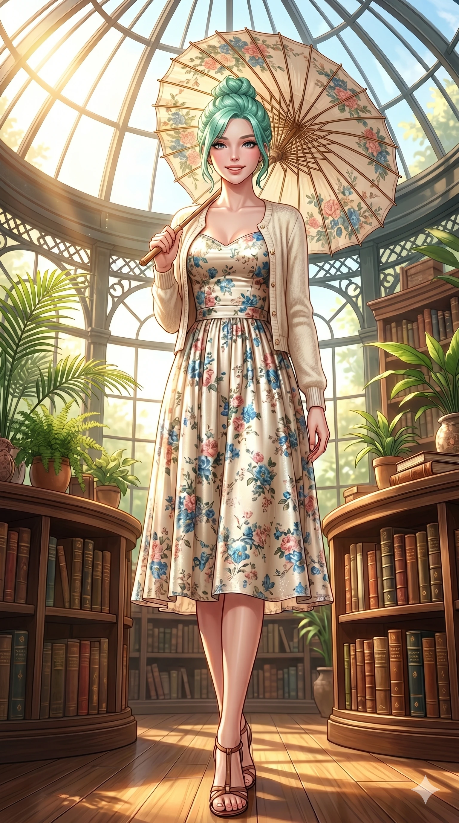 score_9, masterpiece, best quality, ultra-detailed, high-budget anime keyframe, vibrant anime aesthetic, Japanese woman. low angle full-body shot from head to toe showing her feet, filling the entire 9:16 vertical frame with her statuesque presence, stretching her vertical silhouette. She is holding a parasol with a bright, charming smile, looking directly at the lens inside an elegant glass dome library filled with green plants and warm morning light (Code-P20-023). She has an absolutely perfect 8-heads proportion, an exceptionally tall and slender female figure with impossibly long slender legs and an ultra-slim waist. V-shaped jawline, high-bridge nose, intricate jewel-like eyes with depth, thick eyelashes, glossy lips with a natural sheen. wearing a vintage floral print midi dress with a knit cardigan. She is drenched in bright afternoon sun, highlighting the glossy textures of her outfit. 2k, ultra detail, master piece, 9:16 ratio