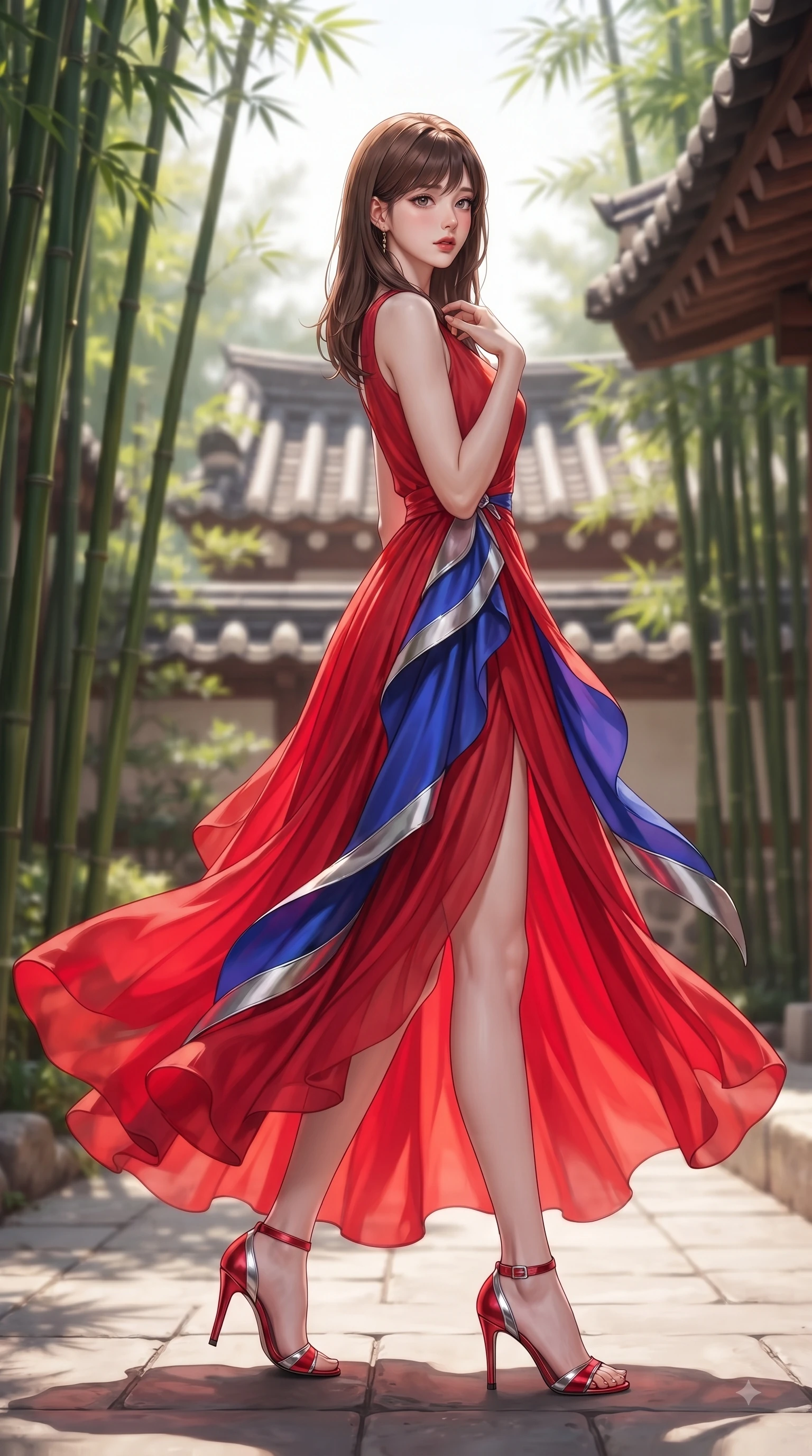 score_9, masterpiece, best quality, ultra-detailed, high-budget anime keyframe, editorial fashion photography, tasteful artistic composition, Korean woman. low angle full-body shot from head to toe showing her feet, filling the entire 9:16 vertical frame with her statuesque presence, stretching her vertical silhouette. Subtle lingering regret in her eyes, looking back over her shoulder with an emotional, reluctant glance while stepping gracefully through a sunlit Hanok courtyard surrounded by tall green bamboo stalks. The composition keeps background elements in soft focus with dreamy bokeh. green bamboo groves and traditional clay roof tiles blurred into serene, soft bokeh. She has an absolutely perfect, statuesque 8.5-heads proportion, an exceptionally tall and slender model-like female figure with impossibly long slender legs and an ultra-slim waist. sharp v-shaped jawline, high-bridge nose, intricate jewel-like eyes with depth, thick eyelashes, glossy lips with a natural sheen, flawlessly proportioned anatomical accuracy, natural body alignment, perfectly sculpted elegant limbs, clean dynamic posture without body distortion. wearing a vibrant scarlet red chiffon maxi dress with a dramatic flowing skirt in electric cobalt blue and polished silver accent, crafted from smooth liquid silk satin, accented with a delicate side waist sash creating fluid lines, the tailored fit highlighting her statuesque and model-like silhouette. surrounded by a serene, elegant, and heritage fashion editorial aura. ultra-reflective glossy finish, specular highlights, metallic sheen, high-contrast stereoscopic depth, volumetric dynamic lighting, 2k, ultra detail, master piece, 9:16 ratio