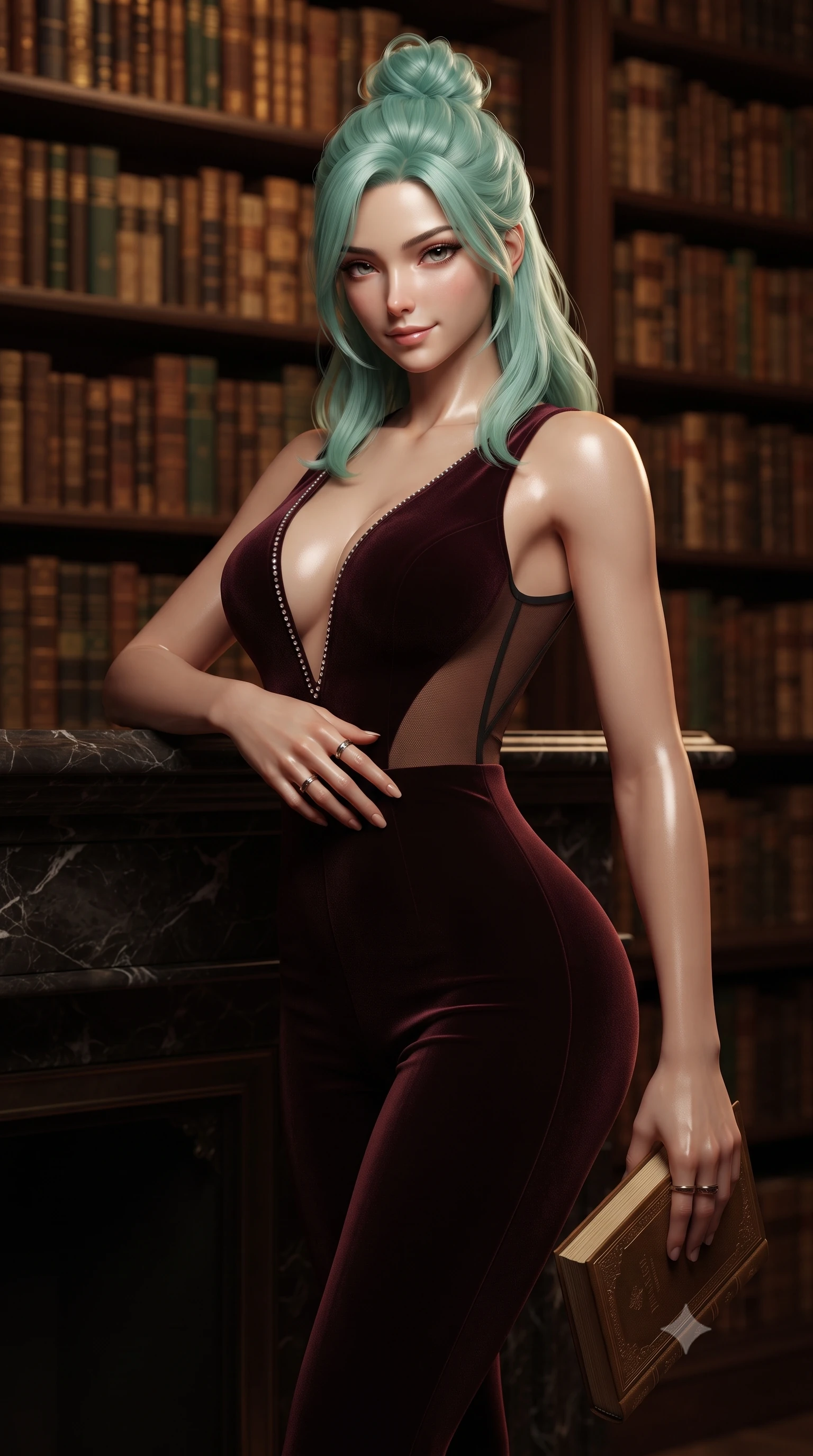 score_9, masterpiece, best quality, ultra-detailed, high-budget anime keyframe, editorial fashion photography, tasteful artistic composition, Japanese woman. close-up cowboy shot from the waist and thighs up, the character dominates the composition, filling the frame with her large presence. leaning back against the leather lounge with relaxed seductive grace, one hand resting on her flat midriff as her narrow waist and curvy hips command the frame while leaning against the dark marble mantelpiece with hips cocked back, holding a leather-bound book while casting a devastating, intelligent bedroom-gaze. The composition keeps background elements in soft focus with dreamy creamy bokeh. thousands of gold-embossed antique book spines on soaring dark wood shelves blurred into warm amber, mahogany, and emerald bokeh. She has an exceptionally elegant, slender, and willowy female figure with an ultra-slim waist, flat toned midriff, narrow ribcage, and sculpted feminine hips creating an alluring, slim hourglass silhouette without bulk. sharp v-shaped jawline, high-bridge nose, intricate jewel-like dark sparkling eyes with dangerous depth, thick curled eyelashes, glossy parted lips with a rich wine sheen, smoldering seductive half-smile with bedroom-eyes, exuding effortless superiority and intoxicating dark allure, flawlessly proportioned anatomical accuracy, strict slender model proportions, natural body alignment, perfectly sculpted long slender limbs, ultra-slim waistline, clean dynamic posture without body distortion. wearing a second-skin dark burgundy stretch-velvet jumpsuit with a plunging neckline and open back in dark burnt copper and matte black, made of semi-opaque dark contouring mesh clinging like a second skin, finished with subtle crystal rhinestones lining the plunging neckline, the glove-like silhouette tightly following the natural contour of her hips and long slender legs with youthful 8.5-heads elegance. illuminated by rich chiaroscuro side lighting and dark bronze rim light sharply defining her sculpted collarbones, narrow waist, and curvy hips. ultra-reflective glossy finish, specular highlights, rich textural contrasts, high-contrast stereoscopic depth, volumetric dynamic lighting, 2k, ultra detail, master piece, 9:16 ratio