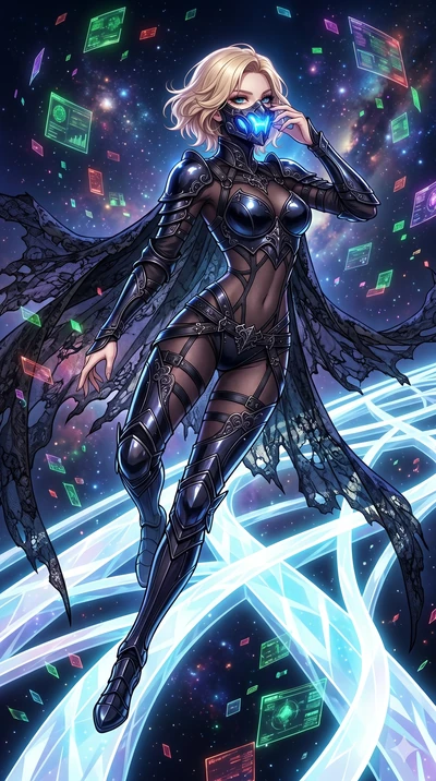 score_9, masterpiece, best quality, ultra-detailed, high-budget anime movie keyframe, cinematic anime lighting, intricate line art, Japanese woman. Dynamic full-body shot stretching the vertical silhouette across the 9:16 frame. adjusting a glowing m