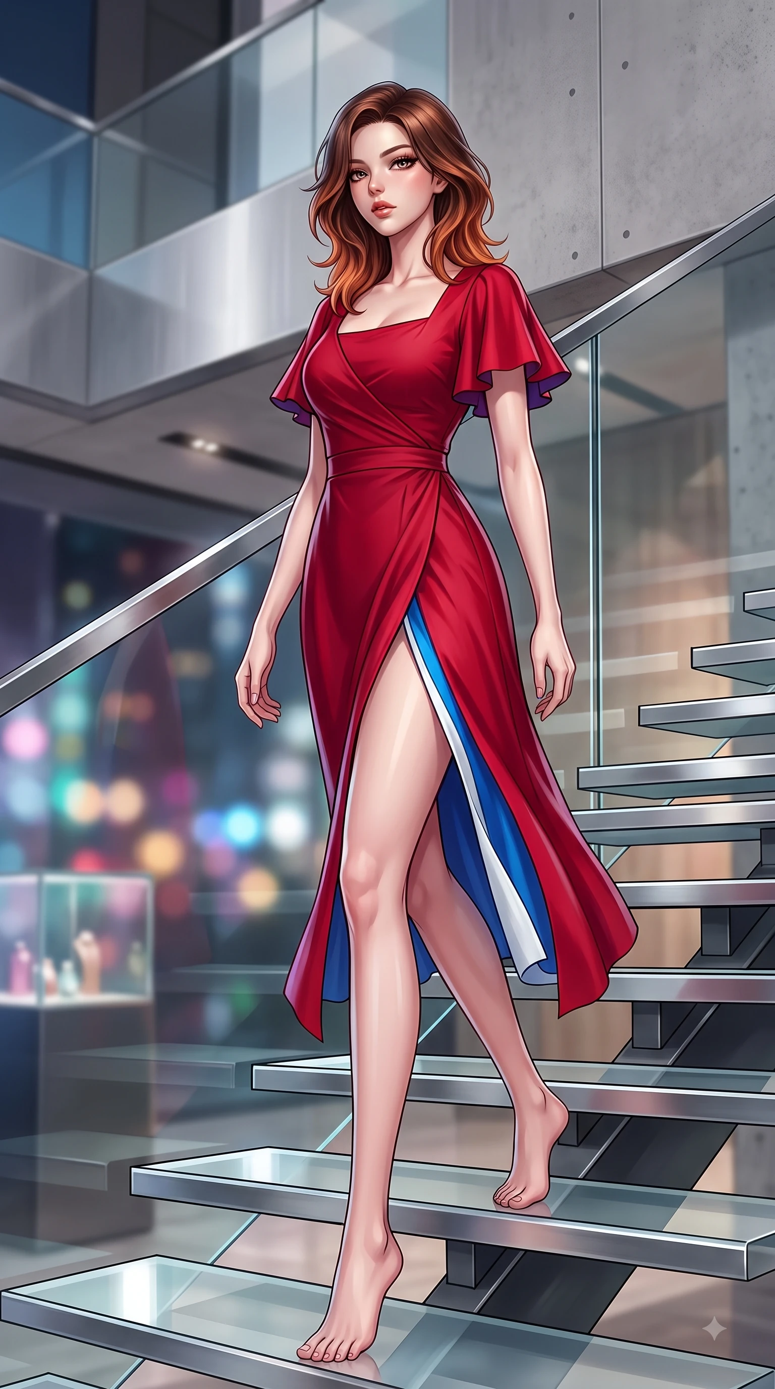 score_9, masterpiece, best quality, ultra-detailed, high-budget anime keyframe, editorial fashion photography, tasteful artistic composition, Korean woman. low angle full-body shot from head to toe showing her feet, filling the entire 9:16 vertical frame with her statuesque presence, stretching her vertical silhouette. Seductively magnetic look casting a fiery side-gaze with full glossy lips and smoldering glamour while ascending a minimalist floating staircase with flawless statuesque proportions. The composition keeps background elements in soft focus with dreamy bokeh. high-tech architectural lines blurring seamlessly into a soft-focus backdrop. She has an absolutely perfect, statuesque 8.5-heads proportion, an exceptionally tall and slender model-like female figure with impossibly long slender legs and an ultra-slim waist. sharp v-shaped jawline, high-bridge nose, intricate jewel-like eyes with depth, thick eyelashes, glossy lips with a natural sheen, flawlessly proportioned anatomical accuracy, natural body alignment, perfectly sculpted elegant limbs, clean dynamic posture without body distortion. wearing a sleek ruby red wrap midi dress featuring a tasteful side leg slit in electric azure blue and cloud white, tailored from crisp high-density cotton poplin, featuring elegant flutter sleeves and a graceful square neckline, the form-contouring material accentuating her ultra-slim waist and long lines. surrounded by a high-end, luxury architectural fashion aesthetic. highly saturated vibrant anime colors, detailed shading with soft gradients, rich glossy textures, high-contrast stereoscopic depth, volumetric dynamic lighting, master piece, 9:16 ratio