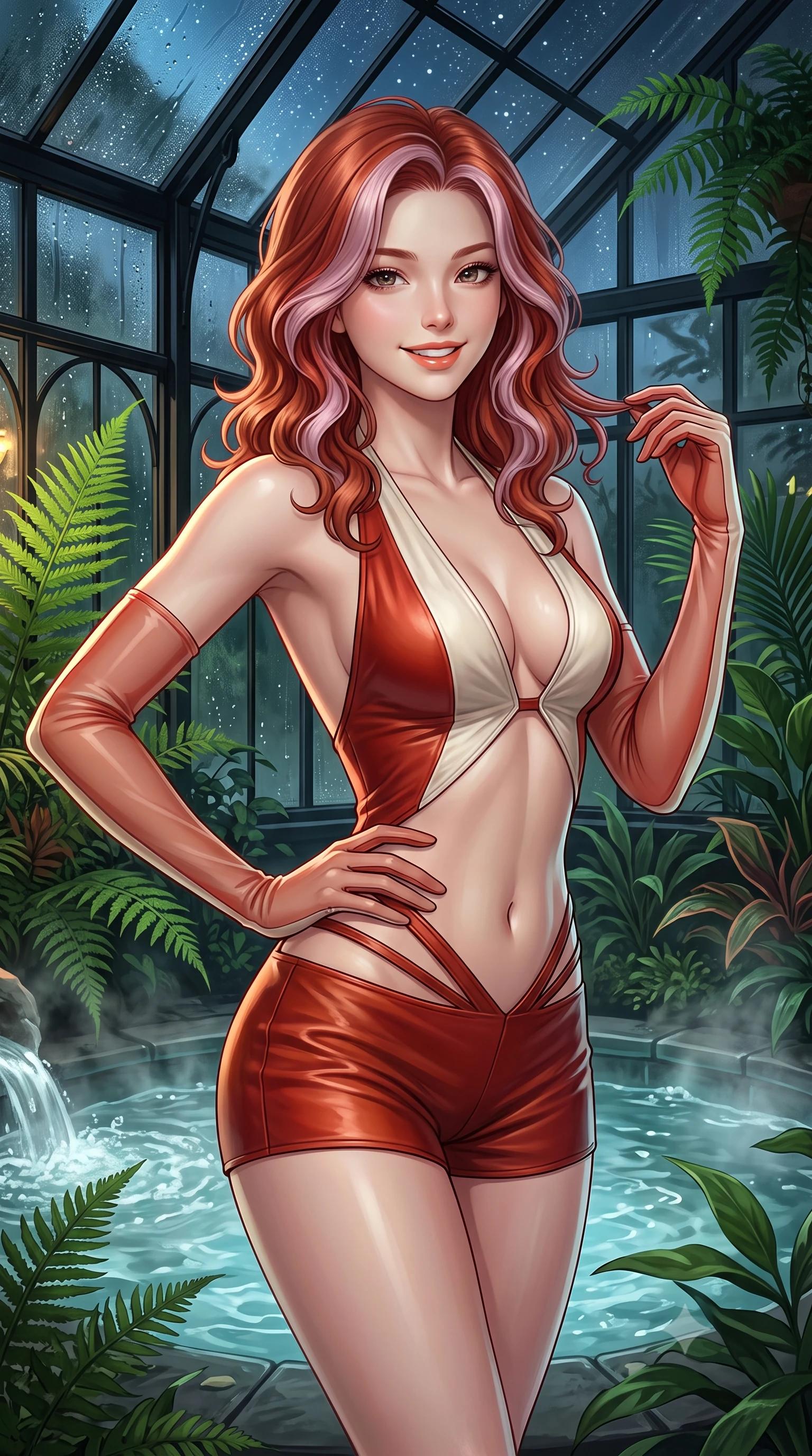 score_9, masterpiece, best quality, ultra-detailed, high-budget anime keyframe, editorial fashion photography, tasteful artistic composition, Caucasian woman. close-up cowboy shot from the waist and thighs up, the character dominates the composition, filling the frame with her large presence. twisting her slender torso in an alluring contrapposto stance, one hand resting on her sculpted hip while her fingers toy with her hair with effortless poise while twisting her slender torso in an alluring contrapposto stance beside the bubbling mineral spring, warm greenhouse light caressing her flat midriff and curves. The surrounding environment is rendered in vivid detail and crisp panoramic clarity: sharp black iron greenhouse frame mullions, exotic fern frond veins, and water droplet condensation beads on glass in deep focus. She has an exceptionally elegant, slender, and willowy female figure with an ultra-slim waist, flat toned midriff, narrow ribcage, and sculpted feminine hips creating an alluring, slim hourglass silhouette without bulk. sharp v-shaped jawline, high-bridge nose, intricate jewel-like sparkling eyes with depth, thick eyelashes, glossy parted lips with a natural peach sheen, bright cheerful beaming smile with an enchanting and coquettish sensual glint, exuding both youthful cute charm and seductive allure, flawlessly proportioned anatomical accuracy, strict slender model proportions, natural body alignment, perfectly sculpted long slender limbs, ultra-slim waistline, clean dynamic posture without body distortion. wearing a daring low-cut halterneck romper with exposed midriff and strappy hip cutouts in Cordoba vermilion red and ivory alabaster marble, woven from buttery-soft stretch lambskin leather adhering to her body like a second skin, complemented by sheer opera-length evening gloves tracing her slender arms, the second-skin tailored fabric adhering flawlessly to her sculpted flat midriff and slender torso, emphasizing her long leg lines and perfectly proportioned willowy build. bathed in warm 2600K botanical grow lamps combined with turquoise underwater pool LEDs and clear Arctic starlight through glass. ultra-reflective glossy finish, specular highlights, rich textural contrasts, high-contrast stereoscopic depth, volumetric dynamic lighting, 2k, ultra detail, master piece, 9:16 ratio