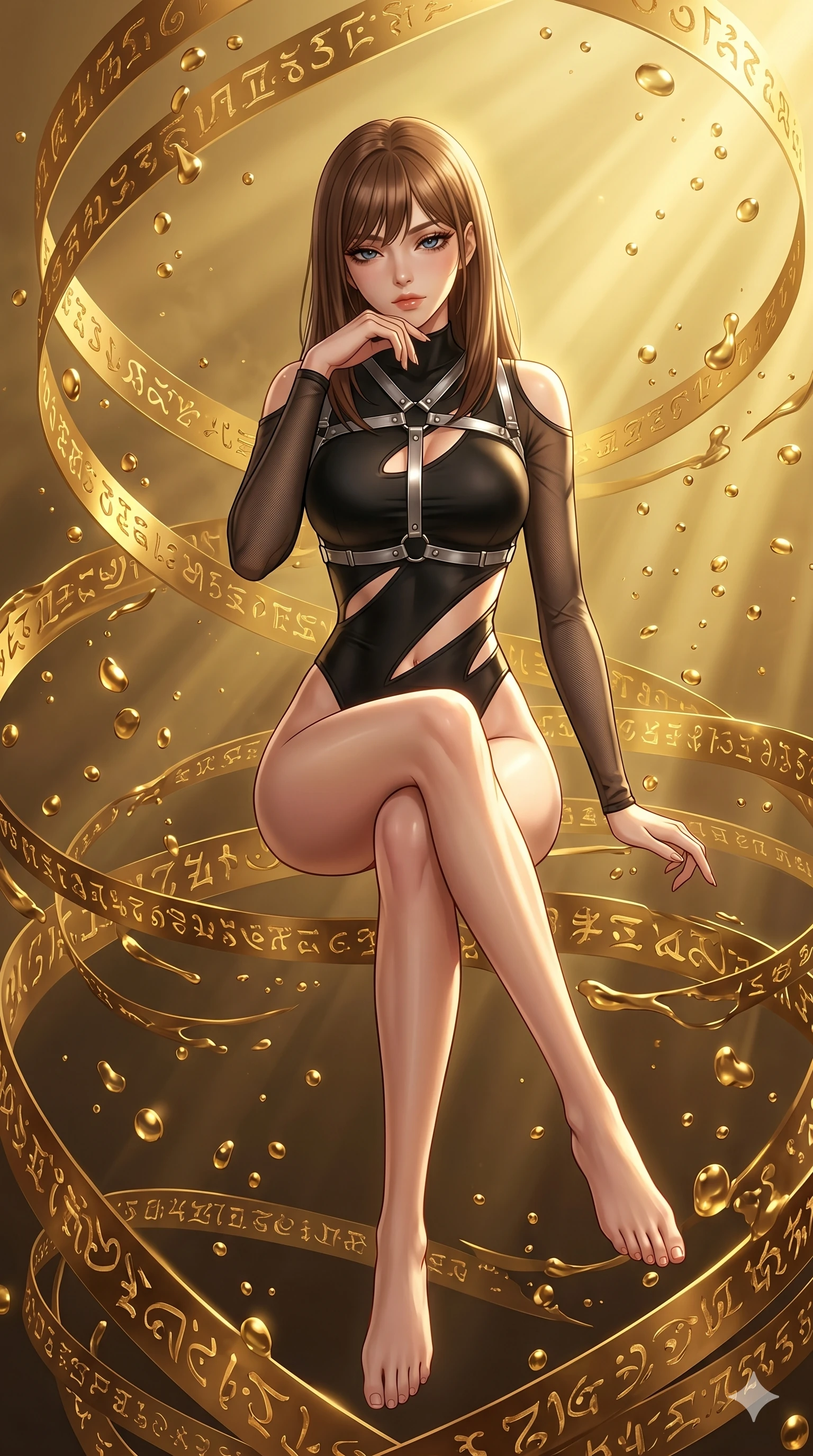 score_9, masterpiece, best quality, ultra-detailed, high-budget anime keyframe, Korean woman. Upper body close-up from the thighs up, character filling the screen for maximum presence. She is sitting cross-legged mid-air, levitating amidst swirling golden script ribbons and floating liquid gold droplets. She rests her chin on her fingers, looking down with a sultry, commanding glance. She has an absolutely perfect 8-heads proportion, an exceptionally tall and slender female figure with impossibly long slender legs and an ultra-slim waist. V-shaped jawline, high-bridge nose, intricate jewel-like eyes with depth, thick eyelashes, glossy lips with a natural sheen. She is wearing an ultra-sleek high-cut tech-bodysuit featuring dangerous diagonal slitted cutouts on the midriff and shoulders, reinforced by a metallic silver harness and sheer mesh sleeves. The scene is lit by intense, warm golden ambient light and sharp volumetric sunbeams cutting through volumetric fog. 2k, ultra detail, master piece, 9:16 ratio