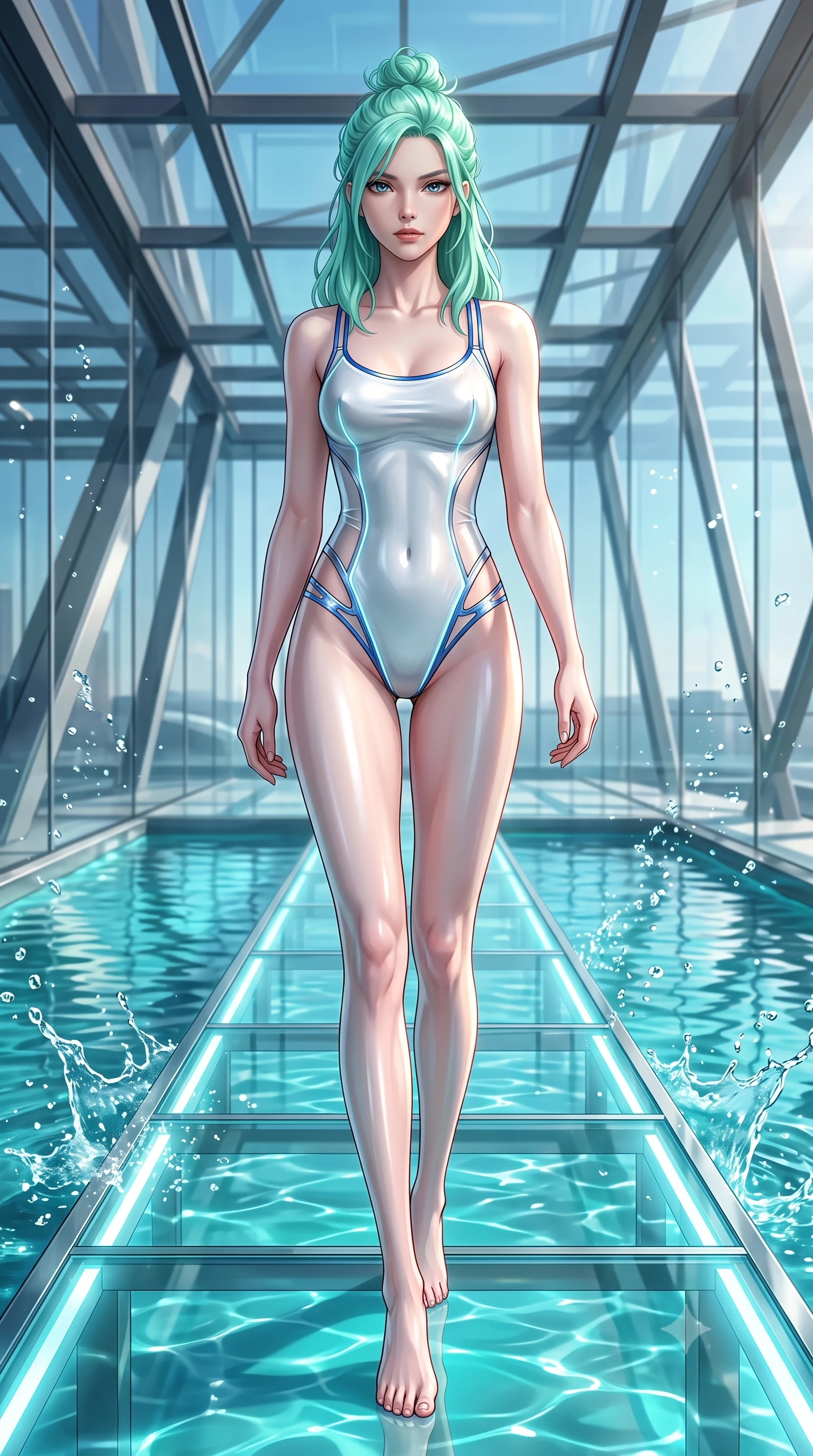 score_9, masterpiece, best quality, ultra-detailed, high-budget anime keyframe, semi-realistic 3D game render, editorial fashion photography, tasteful artistic composition, Japanese woman. low angle full-body shot from head to toe showing her feet, filling the entire 9:16 vertical frame with her statuesque presence, stretching her vertical silhouette. striding forward in a proud, statuesque motion with a dangerous smolder, her vertical silhouette dominating the frame from head to toe while stepping along a glowing glass runway elevated above a shimmering turquoise waterway in a modern pavilion. The surrounding environment is rendered in vivid detail and crisp panoramic clarity. sharp water droplet splashes, architectural framing lines, and sunlit water reflections in high clarity. She has an absolutely perfect, statuesque 8.5-heads proportion, an exceptionally tall and slender model-like female figure with impossibly long slender legs, a toned flat midriff, and an ultra-slim waist. sharp v-shaped jawline, high-bridge nose, intricate jewel-like eyes with depth, thick eyelashes, glossy lips with a natural sheen, flawlessly proportioned anatomical accuracy, strict slender model proportions, natural body alignment, perfectly sculpted long slender limbs, ultra-slim waistline, clean dynamic posture without body distortion. wearing a second-skin white liquid-mercury micro-bodysuit sculpted tightly to her slender build, featuring razor-thin metallic straps and hip cutouts in liquid electric cobalt blue and polished silver, made of liquid metal jersey that clings flawlessly to every contour of her build, accented with glowing fiber-optic seams tracing her collarbones and hip curves, the sleek second-skin cut tightly hugging her graceful clavicle, narrow waist, and feminine curves with athletic precision. illuminated by clear directional key light with brilliant specular highlights on glass and water. highly saturated vibrant anime colors, detailed shading with soft gradients, rich glossy textures, high-contrast stereoscopic depth, volumetric dynamic lighting, master piece, 9:16 ratio