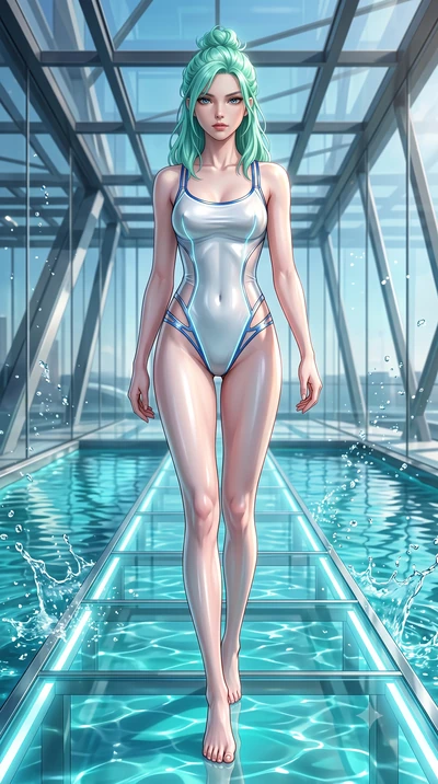 score_9, masterpiece, best quality, ultra-detailed, high-budget anime keyframe, semi-realistic 3D game render, editorial fashion photography, tasteful artistic composition, Japanese woman. low angle full-body shot from head to toe showing her feet, f