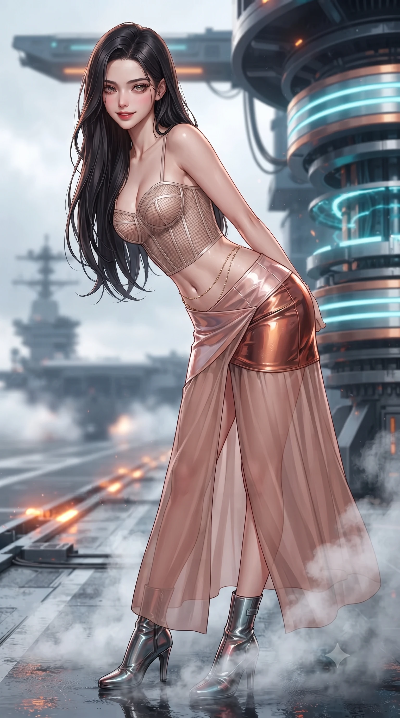 score_9, masterpiece, best quality, ultra-detailed, high-budget anime keyframe, editorial fashion photography, tasteful artistic composition, Korean woman. close-up cowboy shot from the waist and thighs up, the character dominates the composition, filling the frame with her large presence. leaning forward while arching her lower back to accentuate her curvy hips, looking into the camera with an intoxicating smoldering gaze and bedroom-eyes while standing poised between massive electromagnetic acceleration coils on the open launch gantry, arching her spine with tactical warrior grace as vaporized coolant steam swirls around her boots. The background shows a soft-focus swirling thermal exhaust vapor softened in carrier flight deck shallow focus. She has an exceptionally elegant, slender, and willowy female figure with an ultra-slim waist, flat toned midriff, narrow ribcage, and sculpted feminine hips creating an alluring, slim hourglass silhouette without bulk. sharp v-shaped jawline, high-bridge nose, intricate jewel-like sparkling eyes with depth, thick eyelashes, glossy parted lips with a natural peach sheen, bright cheerful beaming smile with an enchanting and coquettish sensual glint, exuding both youthful cute charm and seductive allure, flawlessly proportioned anatomical accuracy, strict slender model proportions, natural body alignment, perfectly sculpted long slender limbs, ultra-slim waistline, clean dynamic posture without body distortion. wearing a provocative translucent mesh corset bodice with boned satin channels paired with a sheer chiffon wrap maxi skirt in high-gloss rose-gold and burnished copper, tailored from high-gloss patent leather with mirror-like specular highlights, accented with a dainty gold belly chain resting across her flat midriff and curving hips, the impeccably tailored cut draping gracefully along her slender figure with aristocratic poise. bathed in high-voltage orange runway guide strobes contrasted with cold electric-cyan magnetic coil pulses. ultra-reflective glossy finish, specular highlights, rich textural contrasts, high-contrast stereoscopic depth, volumetric dynamic lighting, 2k, ultra detail, master piece, 9:16 ratio