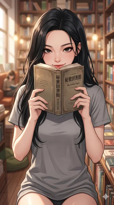 score_9, score_8_up, score_7_up, source_anime, masterpiece, best quality, ultra-detailed, same character with long flowing black hair, wearing a simple grey t-shirt, upper body close-up from thigh up filling the screen, peering over the top of a book