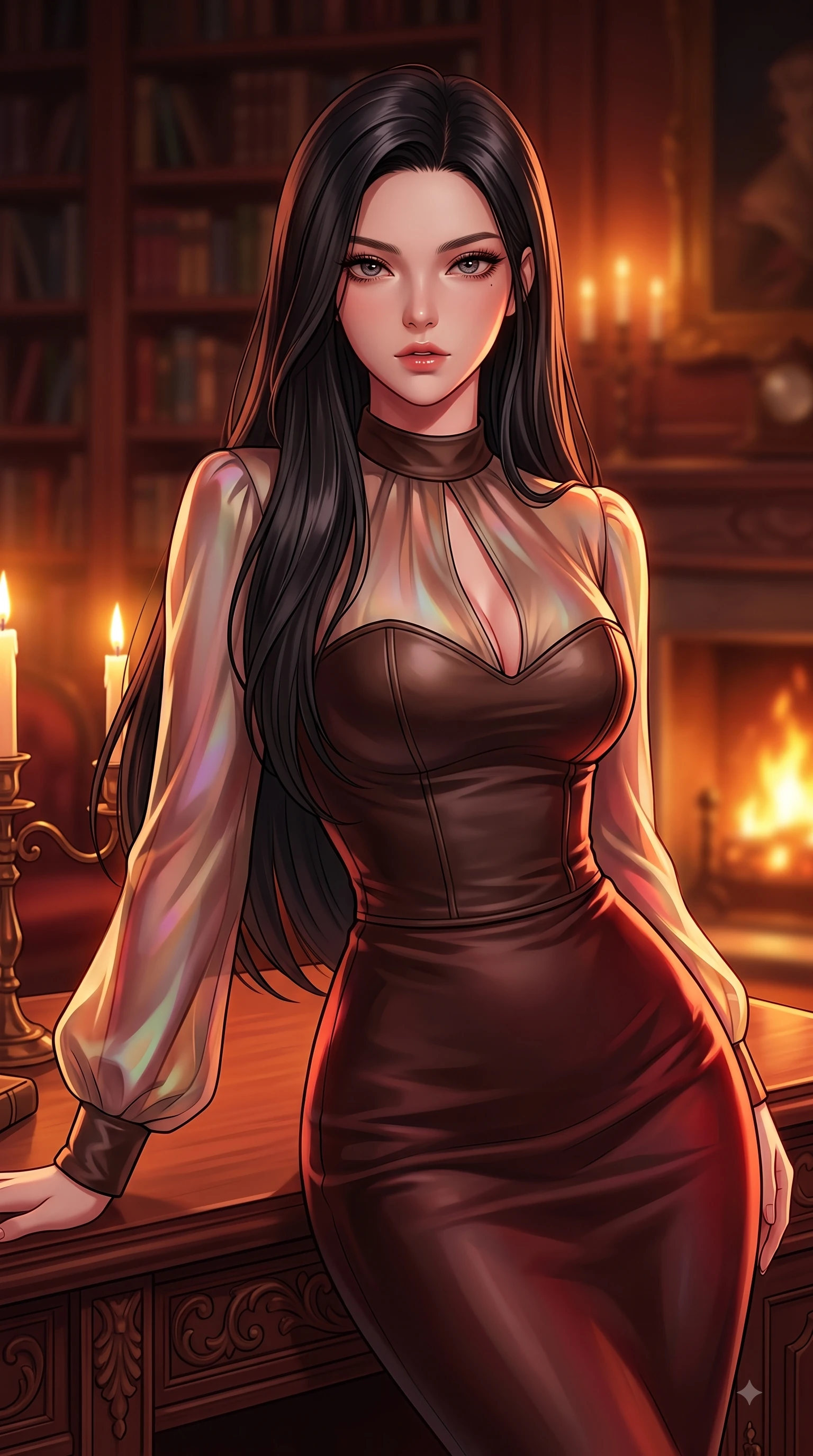 score_9, masterpiece, best quality, ultra-detailed, high-budget anime keyframe, editorial fashion photography, tasteful artistic composition, Korean woman. close-up cowboy shot from the waist and thighs up, the character dominates the composition, filling the frame with her large presence, background elements kept in soft focus. Leaning forward gracefully with lips parted, casting a smoldering magnetic gaze directly into the lens while leaning back against a carved mahogany reading desk in an antique library lit by warm candlelight, warm hearth flames casting deep crimson and amber chiaroscuro lighting on her form. She has an exceptionally elegant, slender, and willowy female figure with an ultra-slim waist, a gracefully sculpted slender torso, and a refined silhouette. sharp v-shaped jawline, high-bridge nose, intricate jewel-like eyes with depth, thick eyelashes, glossy lips with a natural sheen, flawlessly proportioned anatomical accuracy, natural body alignment, perfectly sculpted elegant limbs, clean dynamic posture without body distortion. wearing a tailored leather bustier over a sheer silk chiffon blouse in espresso brown and warm cream, crafted from iridescent chiffon that shifts colors in the light, accented with a Tasteful chest slit framing her clavicle gracefully, the sleek second-skin texture accentuating her magnetic presence. bathed in rich amber candlelight and warm golden hearth flame backlighting. highly saturated vibrant anime colors, detailed shading with soft gradients, rich glossy textures, high-contrast stereoscopic depth, volumetric dynamic lighting, master piece, 9:16 ratio