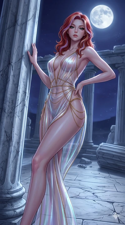 score_9, masterpiece, best quality, ultra-detailed, High-budget Anime Keyframe, East Asian woman. Low angle cowboy shot filling the entire 9:16 frame with her statuesque presence. Scenario 73: Leaning against a cold marble pillar in a moonlit greek t