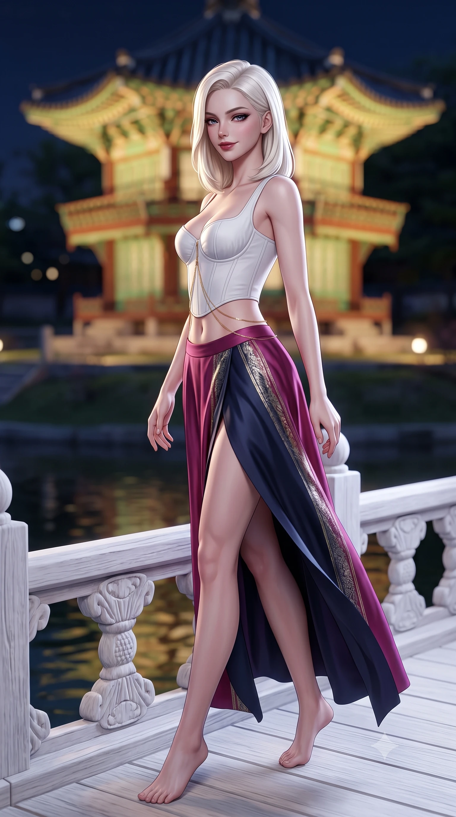 score_9, masterpiece, best quality, ultra-detailed, high-budget anime keyframe, semi-realistic 3D game render, editorial fashion photography, tasteful artistic composition, Caucasian woman. low angle full-body shot from head to toe showing her feet, filling the entire 9:16 vertical frame with her statuesque presence, stretching her vertical silhouette. walking slowly through the bamboo pathway, looking back over her shoulder with an air of effortless oriental grace and an alluring, smoldering smile while leaning against the carved white wooden bridge railing with hips cocked back, looking over her shoulder with an alluring, moonlit smile. The background shows a soft-focus the two-story hexagonal Hyangwonjeong pavilion illuminated in warm gold across still pond waters blurred into gold, jade, and dark obsidian bokeh. She has an absolutely perfect, statuesque 8.5-heads proportion, an exceptionally tall and slender model-like female figure with impossibly long slender legs, an ultra-slim waist, a flat toned midriff, narrow delicate ribcage, and beautifully sculpted feminine hips creating a graceful, slim hourglass silhouette without any bulky heaviness. sharp v-shaped jawline, high-bridge nose, intricate jewel-like dark sparkling almond eyes with depth, thick lashes, glossy parted lips with a natural rose-plum sheen, bright alluring and coquettish smile with bedroom-eyes, exuding both timeless oriental elegance and sovereign high-fashion allure, flawlessly proportioned anatomical accuracy, strict slender model proportions, natural body alignment, perfectly sculpted long slender limbs, ultra-slim waistline, clean dynamic posture without body distortion. wearing a tailored white porcelain-inspired structured corset top paired with an asymmetric flowing silk maxi skirt with a high slit in deep lotus magenta and matte midnight navy, woven from metallic gold and silver thread casting subtle starlight glints, accented with a delicate gold body chain draping loosely across her flat midriff, the glove-like silhouette tightly following the natural contour of her hips and long slender legs with youthful 8.5-heads elegance. bathed in soft architectural spotlights illuminating the historic royal pavilion and dark waters. highly saturated vibrant anime colors, detailed shading with soft gradients, rich glossy textures, high-contrast stereoscopic depth, volumetric dynamic lighting, master piece, 9:16 ratio