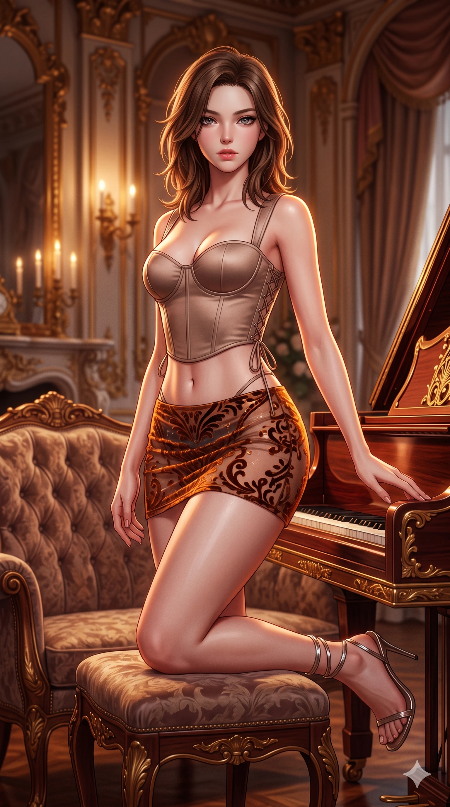 score_9, masterpiece, best quality, ultra-detailed, high-budget anime keyframe, semi-realistic 3D game render, editorial fashion photography, tasteful artistic composition, Korean woman. close-up cowboy shot from the waist and thighs up, the character dominates the composition, filling the frame with her large presence. perched sideways on the vintage settee, one knee drawn up to showcase her slender leg line while her arched back accentuates her feminine hip curve while lounging poised beside the mirror-polished rosewood harpsichord, arching her spine with dancer-like elegance while resting one hand on the gilded instrument lid. The background shows a soft-focus intimate classical music salon atmosphere softened in baroque conservatoire shallow focus. She has an exceptionally elegant, slender, and willowy female figure with an ultra-slim waist, flat toned midriff, narrow ribcage, and sculpted feminine hips creating an alluring, slim hourglass silhouette without bulk. sharp v-shaped jawline, high-bridge nose, intricate jewel-like sparkling eyes with depth, thick eyelashes, glossy parted lips with a natural sheen, intensely captivating and seductive bedroom-eyes expression, exuding both youthful cute charm and sovereign luxury allure, flawlessly proportioned anatomical accuracy, strict slender model proportions, natural body alignment, perfectly sculpted long slender limbs, ultra-slim waistline, clean dynamic posture without body distortion. wearing a sculpted matte satin underwire crop corset with lace-up side ties paired with a low-rise micro skirt in cosmic eclipse amber and starlight diamond, made of sheer contouring power-mesh with velvet flocking patterns, complemented by strappy stiletto sandals with metallic ankle wraps accentuating her slender calves, the impeccably tailored cut draping gracefully along her slender figure with aristocratic poise. illuminated by polished rosewood bounce and sharp amber-gold rim lights sculpting her razor-sharp jawline, narrow waist, and curvy hips. highly saturated vibrant anime colors, detailed shading with soft gradients, rich glossy textures, high-contrast stereoscopic depth, volumetric dynamic lighting, master piece, 9:16 ratio