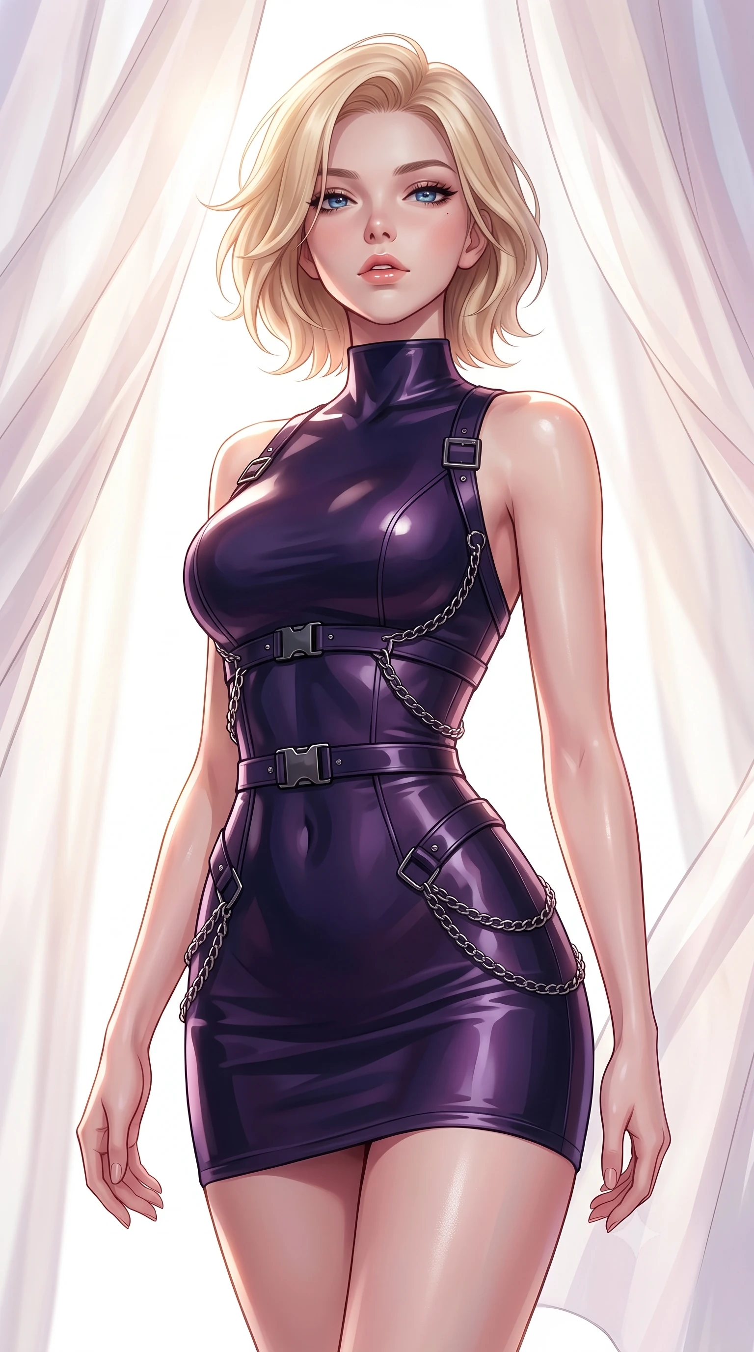 score_9, masterpiece, best quality, ultra-detailed, high-budget anime keyframe, editorial fashion photography, tasteful artistic composition, Caucasian woman. close-up cowboy shot from the waist and thighs up, the character dominates the composition, filling the frame with her large presence, background elements kept in soft focus. Tilting her chin up slightly with lips parted in a composed, magnetic expression, stepping gracefully under a sheer silk canopy fluttering in a gentle breeze, dewy natural skin glow under bright sun-drenched lighting. She has an exceptionally elegant, slender, and willowy female figure with an ultra-slim waist, a gracefully sculpted slender torso, and a refined silhouette. sharp v-shaped jawline, high-bridge nose, intricate jewel-like eyes with depth, thick eyelashes, glossy lips with a natural sheen. wearing glove-like fit dark navy latex bodycon mini dress in dark plum violet, made of polished black leather, framed by dark titanium buckles and silver chain details, accentuating her gracefully sculpted slender torso. surrounded by a radiant sun-drenched ambiance with brilliant white highlights. highly saturated vibrant anime colors, detailed shading with soft gradients, rich glossy textures, high-contrast stereoscopic depth, volumetric dynamic lighting, master piece, 9:16 ratio