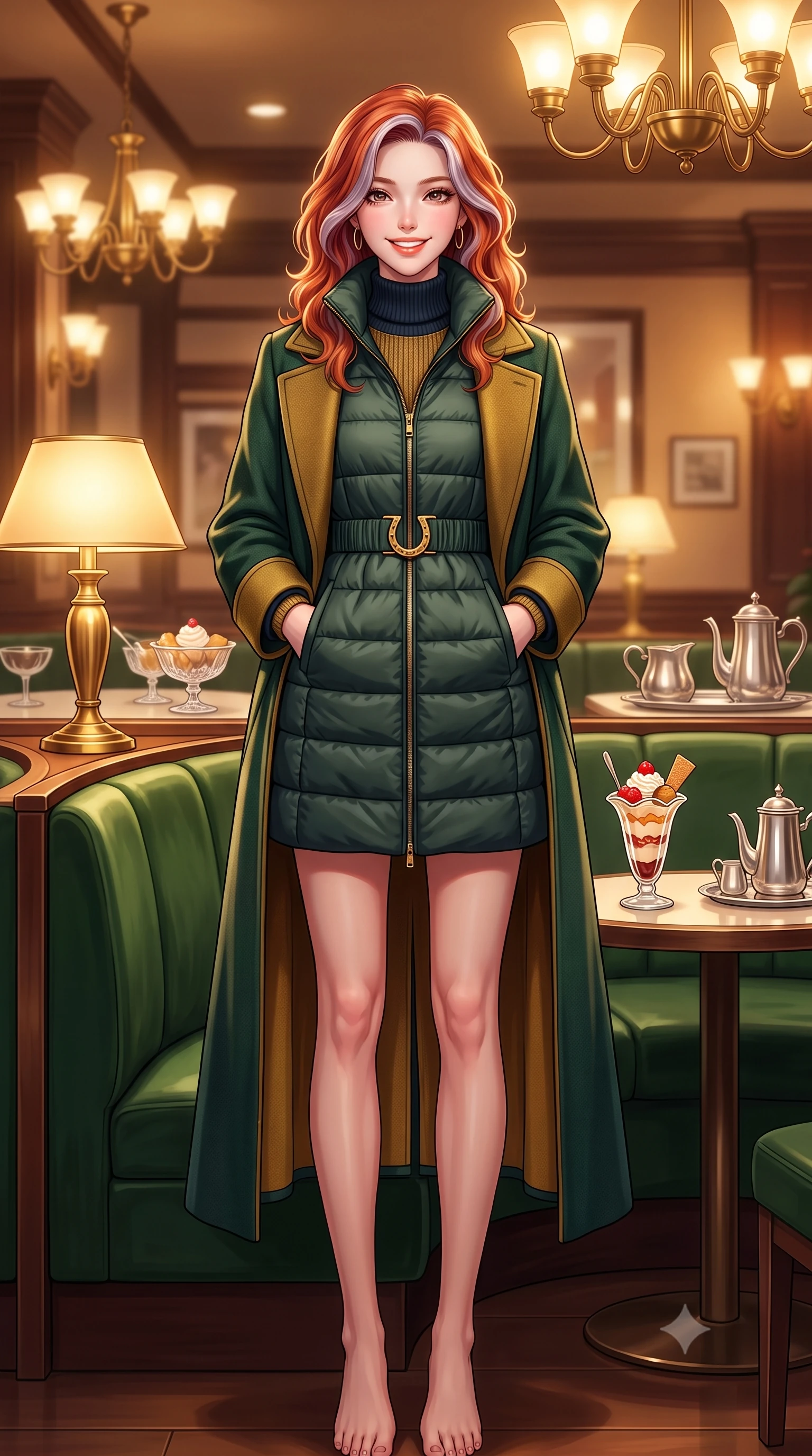 score_9, masterpiece, best quality, ultra-detailed, high-budget anime keyframe, semi-realistic 3D game render, editorial fashion photography, tasteful artistic composition, Caucasian woman. low angle full-body shot from head to toe showing her feet, filling the entire 9:16 vertical frame with her statuesque presence, stretching her vertical silhouette. standing tall and centered in the frame with hands tucked into her coat pockets, radiating statuesque poise and calm warmth while sitting poised in a curved forest green velvet booth beside a polished brass lamp, smiling cheerfully over a vintage parfait glass. The background shows a soft-focus vintage crystal dessert coupes and silver coffee services softened in nostalgic Tokyo cafe romance shallow focus. She has an exceptionally tall and slender model-like 8.5-heads proportion, an ultra-slim waist, a flat toned midriff, narrow delicate ribcage, and beautifully sculpted feminine hips creating a graceful, slim hourglass silhouette without any bulky heaviness, with impossibly long slender legs. sharp v-shaped jawline, high-bridge nose, intricate jewel-like sparkling eyes with depth, thick eyelashes, glossy parted lips with a natural peach sheen, bright cheerful beaming smile with an enchanting and coquettish sensual glint, exuding both youthful cute charm and seductive allure, flawlessly proportioned anatomical accuracy, strict slender model proportions, natural body alignment, perfectly sculpted long slender limbs, ultra-slim waistline, clean dynamic posture without body distortion. wearing a tailored quilted down coat with a cinched elastic belt and high funnel neck over thermal knit layers in Ginza vintage brass gold and midnight navy, tailored from heavyweight double-faced wool with clean architectural edges, finished with a smooth equestrian bridle-leather belt with a polished brass horseshoe buckle, the expertly draped wool fabric falling in crisp fluid lines along her tall 8.5-heads silhouette, celebrating her slender frame without excess fabric bulk. bathed in warm 2900K incandescent amber illumination from authentic Art Deco brass chandeliers and table lamps. highly saturated vibrant anime colors, detailed shading with soft gradients, rich glossy textures, high-contrast stereoscopic depth, volumetric dynamic lighting, master piece, 9:16 ratio
