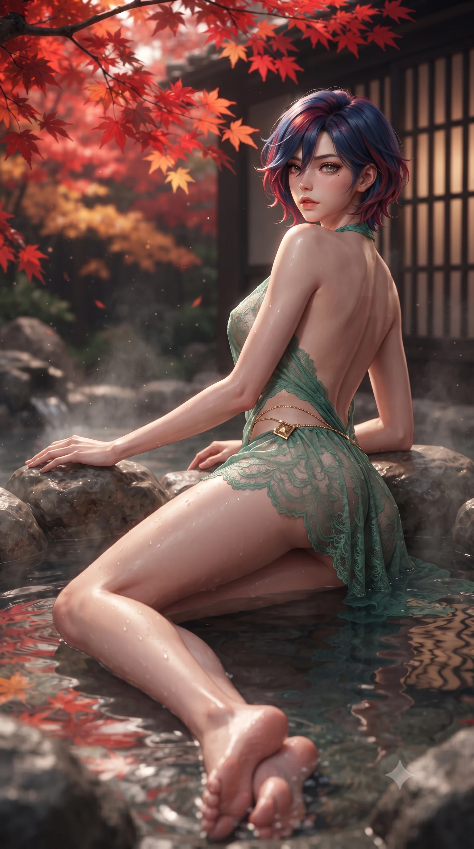 score_9, masterpiece, best quality, ultra-detailed, high-budget anime keyframe, editorial fashion photography, tasteful artistic composition, Korean woman. low angle full-body shot from head to toe showing her feet, filling the entire 9:16 vertical frame with her statuesque presence, stretching her vertical silhouette. walking along the terrace with poise, looking back over her bare shoulder with an irresistible smoldering bedroom-gaze while lounging gracefully in the shallow hot spring propped on one elbow, her statuesque 8.5-heads silhouette radiating intimate Kyoto allure. The background shows a soft-focus vibrant scarlet Japanese maple leaves overhanging the bath, dark timber machiya lattice walls, and rising mineral steam blurred into crimson, amber, and charcoal bokeh. She has an absolutely perfect, statuesque 8.5-heads proportion, an exceptionally tall and slender model-like female figure with impossibly long slender legs, an ultra-slim waist, a flat toned midriff, narrow delicate ribcage, and beautifully sculpted feminine hips creating a graceful, slim hourglass silhouette without any bulky heaviness. sharp v-shaped jawline, high-bridge nose, sparkling eyes with hypnotic seductive depth, thick curled eyelashes, glossy parted lips with a natural dewy peach sheen, alluring bedroom-eyes with an enchanting coquettish smile, exuding magnetic siren charisma and sophisticated glamour, flawlessly proportioned anatomical accuracy, strict slender model proportions, natural body alignment, perfectly sculpted long slender limbs, ultra-slim waistline, clean dynamic posture without body distortion. wearing a draped Greek-goddess style silk chiffon mini toga dress with an open back and golden hip fibula in Kyoto bamboo jade and lacquer vermilion, made of delicate semi-sheer French Chantilly lace with intricate eyelash edges, accented with a dainty gold belly chain resting across her flat midriff and curving hips, the glove-like clinging cut tightly following the natural contour of her hips and long slender legs with youthful 8.5-heads elegance. illuminated by steam particle light scatter and sharp crimson-gold rim lights defining her delicate clavicles, ultra-slim waist, and curvy hips. ultra-reflective glossy finish, specular highlights, rich textural contrasts, high-contrast stereoscopic depth, volumetric dynamic lighting, 2k, ultra detail, master piece, 9:16 ratio