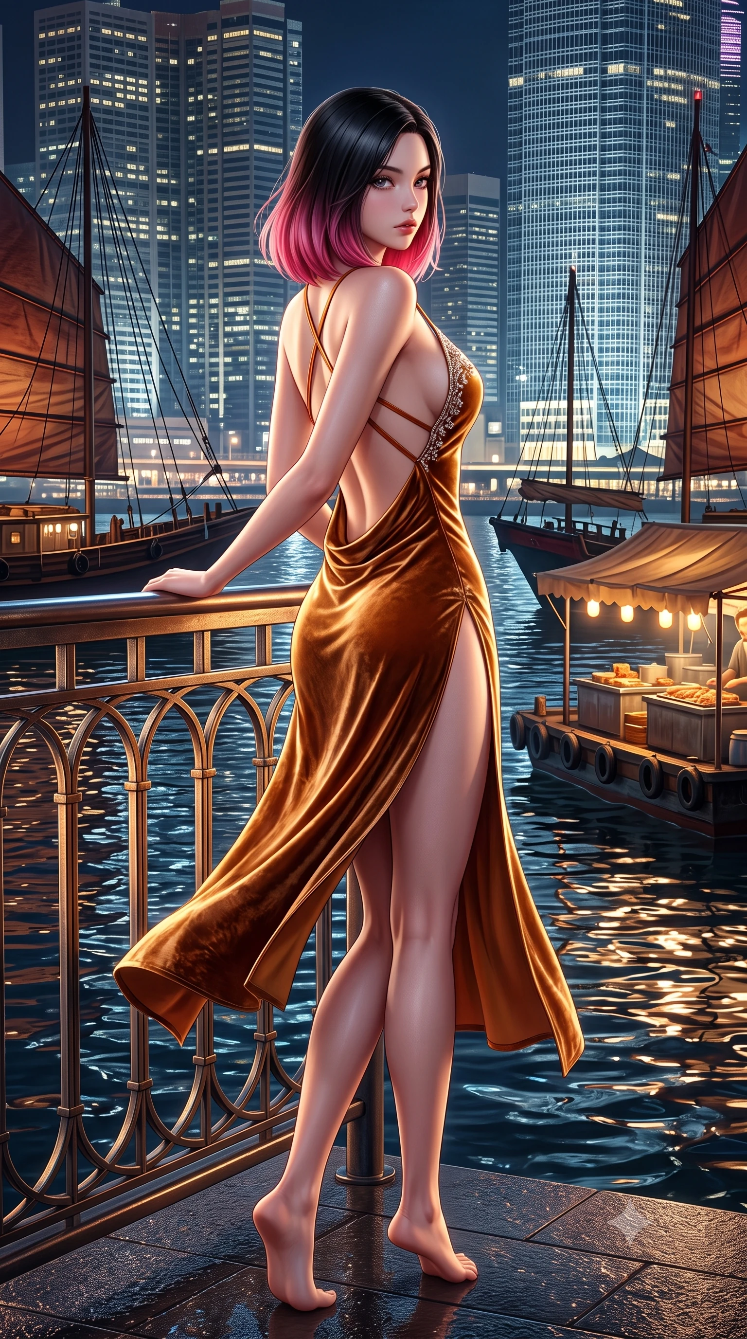 score_9, masterpiece, best quality, ultra-detailed, high-budget anime keyframe, semi-realistic 3D game render, editorial fashion photography, tasteful artistic composition, Korean woman. low angle full-body shot from head to toe showing her feet, filling the entire 9:16 vertical frame with her statuesque presence, stretching her vertical silhouette. executing an elegant mid-motion pivot turn as garments swirl around her slender limbs, glancing over her shoulder with an intoxicating bedroom-gaze while leaning against the illuminated harbor railing with hips cocked, casting a smoky, dangerous bedroom-gaze past floating street food barges. The surrounding environment is rendered in vivid detail and crisp panoramic clarity. sharp reflective dark water caustics, junk boat rigging lines, and skyscraper facade grid clarity in deep focus. She has an exceptionally tall and slender model-like 8.5-heads proportion, an ultra-slim waist, a flat toned midriff, narrow delicate ribcage, and beautifully sculpted feminine hips creating a graceful, slim hourglass silhouette without any bulky heaviness, with impossibly long slender legs. sharp v-shaped jawline, high-bridge nose, intricate jewel-like eyes with depth, thick eyelashes, glossy parted lips with a natural sheen, intensely captivating and seductive bedroom-eyes expression, flawlessly proportioned anatomical accuracy, strict slender model proportions, natural body alignment, perfectly sculpted long slender limbs, ultra-slim waistline, clean dynamic posture without body distortion. wearing a backless cowl-neck satin slip dress featuring high-cut side hip slits and delicate criss-cross back straps in molten desert gold and burnt terracotta, crafted from heavyweight crushed silk velvet with liquid vintage luster, finished with delicate crystal frost embroidery tracing the plunging neckline, the second-skin form-contouring cut accentuating her sculpted flat midriff, narrow delicate ribcage, and gracefully curvy hips with supermodel precision. illuminated by rippling harbor water specular reflections accentuating her sculpted midriff, narrow waist, and curvy hips. highly saturated vibrant anime colors, detailed shading with soft gradients, rich glossy textures, high-contrast stereoscopic depth, volumetric dynamic lighting, master piece, 9:16 ratio