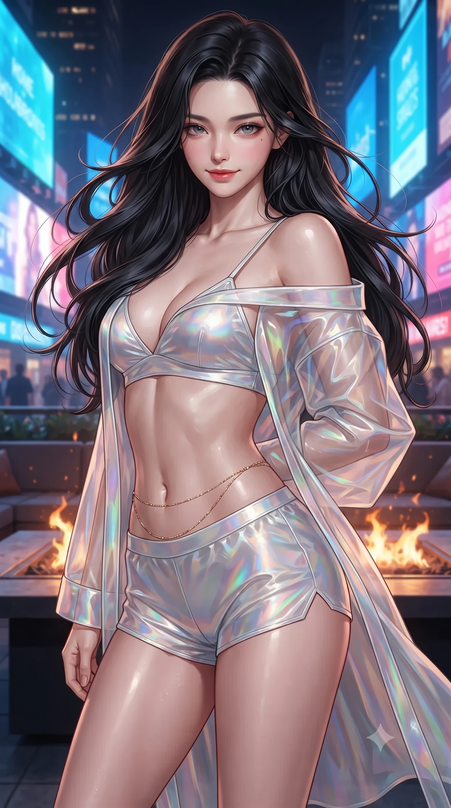score_9, masterpiece, best quality, ultra-detailed, high-budget anime keyframe, editorial fashion photography, tasteful artistic composition, Korean woman. close-up cowboy shot from the waist and thighs up, the character dominates the composition, filling the frame with her large presence. turning slowly with an enchanting smoldering smile, her glossy hair tossing in the breeze as her hips angle gracefully in a captivating contrapposto while twisting her slender torso in an alluring contrapposto stance beside the sunken fire table, electric blue billboard reflections dancing across her narrow waist and curvy hips. The surrounding environment is rendered in vivid detail and crisp panoramic clarity: detailed garment tailoring, cyber-hardware accents, and cutting-edge aero-architecture in razor-sharp precision. She has an exceptionally elegant, slender, and willowy female figure with an ultra-slim waist, flat toned midriff, narrow ribcage, and sculpted feminine hips creating an alluring, slim hourglass silhouette without bulk. sharp v-shaped jawline, high-bridge nose, intricate jewel-like sparkling eyes with depth, thick eyelashes, glossy parted lips with a natural peach sheen, bright cheerful beaming smile with an enchanting and coquettish sensual glint, exuding both youthful cute charm and seductive allure, flawlessly proportioned anatomical accuracy, strict slender model proportions, natural body alignment, perfectly sculpted long slender limbs, ultra-slim waistline, clean dynamic posture without body distortion. wearing a translucent iridescent organza kimono robe slipping off bare shoulders over a matching satin micro-bralette and shorts in holographic prismatic pearl and titanium white, tailored from high-gloss patent leather with mirror-like specular highlights, accented with a dainty gold belly chain resting across her flat midriff and curving hips, the form-contouring silhouette accentuating her sculpted flat midriff, narrow delicate ribcage, and gracefully curvy hips with intoxicating allure. bathed in the dynamic multi-colored ambient glow of mammoth holographic billboards contrasted with warm fire pit flames. ultra-reflective glossy finish, specular highlights, rich textural contrasts, high-contrast stereoscopic depth, volumetric dynamic lighting, 2k, ultra detail, master piece, 9:16 ratio