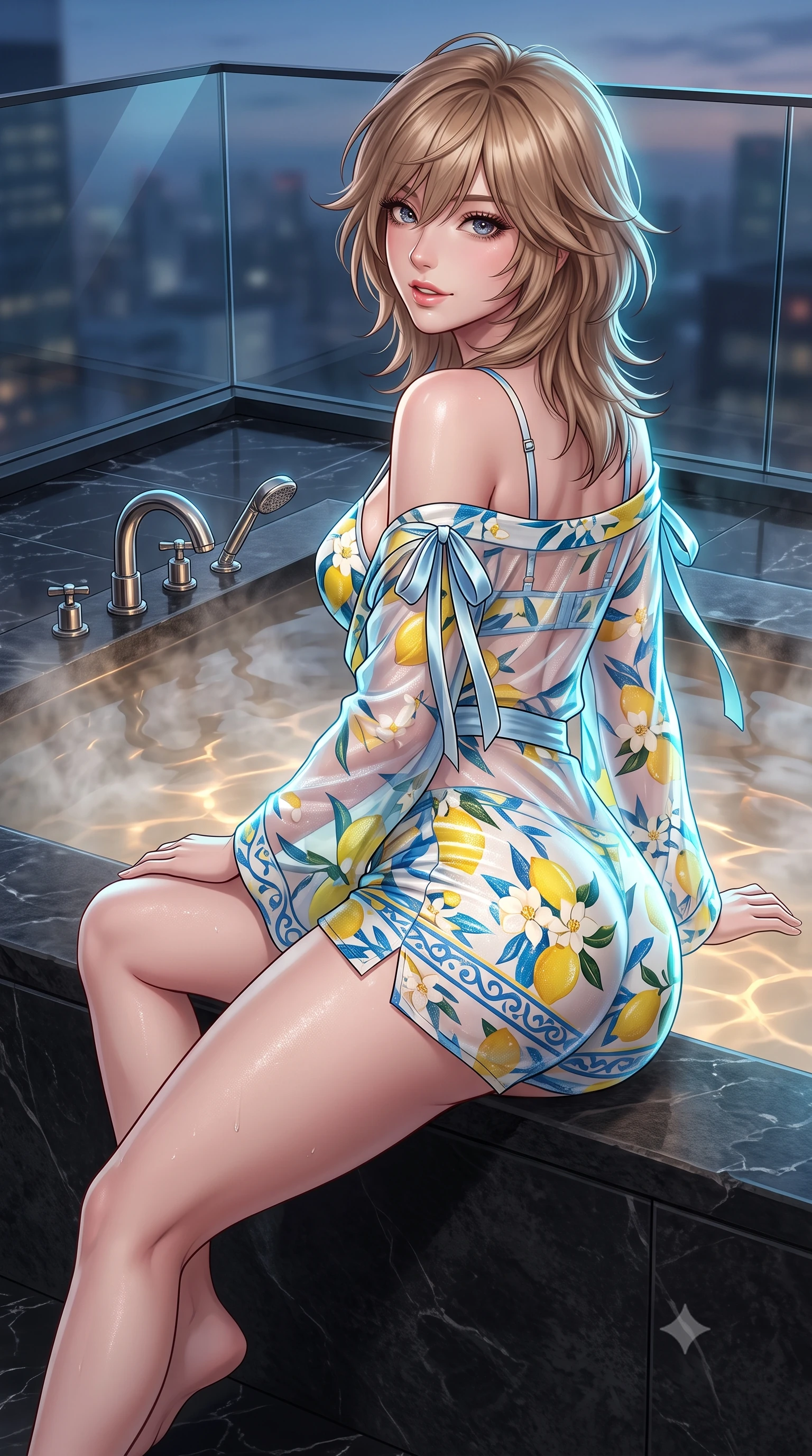 score_9, masterpiece, best quality, ultra-detailed, high-budget anime keyframe, semi-realistic 3D game render, editorial fashion photography, tasteful artistic composition, Japanese woman. close-up cowboy shot from the waist and thighs up, the character dominates the composition, filling the frame with her large presence. posing in an alluring rear three-quarter angle, looking over a bare shoulder with parted glossy lips, her hips cocked back to highlight her slim hourglass curve while lounging in the steaming water propped on the dark stone rim with legs extended, her statuesque 8.5-heads silhouette commanding the metropolis. The surrounding environment is rendered in vivid detail and crisp panoramic clarity: sharp structural glass corner bevels, honed black marble floor veining, and polished nickel tap fittings in deep focus. She has an exceptionally elegant, slender, and willowy female figure with an ultra-slim waist, flat toned midriff, narrow ribcage, and sculpted feminine hips creating an alluring, slim hourglass silhouette without bulk. sharp v-shaped jawline, high-bridge nose, intricate jewel-like sparkling eyes with depth, thick eyelashes, glossy parted lips with a natural peach sheen, bright cheerful beaming smile with an enchanting and coquettish sensual glint, exuding both youthful cute charm and seductive allure, flawlessly proportioned anatomical accuracy, strict slender model proportions, natural body alignment, perfectly sculpted long slender limbs, ultra-slim waistline, clean dynamic posture without body distortion. wearing an ethereal translucent silk chiffon yukata robe slipping off bare shoulders over a strappy underwire bralette and micro-shorts in Positano lemon blossom ivory and Mediterranean azure, woven from stretch metallic lurex jersey casting radiant starlight glints across her curves, finished with satin ribbon ties at the shoulders fluttering in the gentle breeze, the glove-like clinging cut tightly following the natural contour of her hips and long slender legs with youthful 8.5-heads elegance. illuminated by tub water caustics bounce and sharp platinum-cyan rim lights sculpting her razor-sharp jawline, narrow waist, and curvy hips. highly saturated vibrant anime colors, detailed shading with soft gradients, rich glossy textures, high-contrast stereoscopic depth, volumetric dynamic lighting, master piece, 9:16 ratio