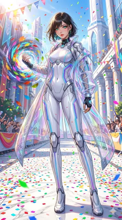 score_9, masterpiece, best quality, ultra-detailed, High-budget Anime Keyframe, beautiful Japanese anime girl. Low angle cowboy shot filling the entire 9:16 frame with her statuesque presence. Standing in a rain of colorful confetti on a grand parade