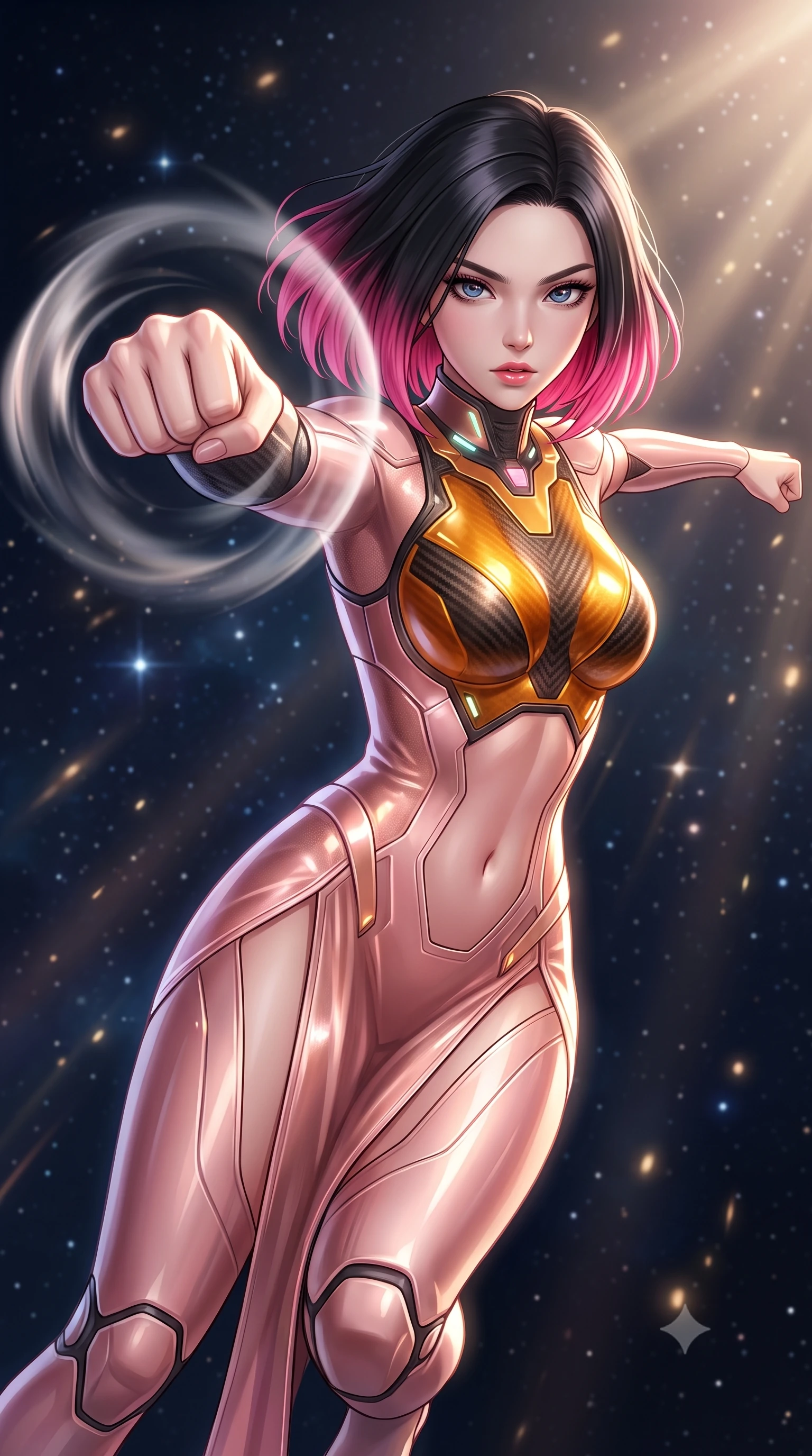 score_9, masterpiece, best quality, ultra-detailed, high-budget anime keyframe, semi-realistic 3D game render, editorial fashion photography, tasteful artistic composition, Korean woman. close-up cowboy shot from the waist and thighs up, the character dominates the composition, filling the frame with her large presence. thrusting a high-speed kinetic punch toward the camera, a visible conical shockwave distortion wrapping around her sleek carbon forearm while arching her back gracefully in zero-gravity with arms outstretched in fluid kinetic tension as solar rays trace her torso. The composition keeps background elements in soft focus with creamy bokeh. distant starlight and solar flare rays scattering soft glowing light motes across a deep space backdrop. She has an exceptionally elegant, slender, and willowy female figure with an ultra-slim waist, a gracefully sculpted slender torso, toned flat midriff, and a refined slim silhouette. sharp v-shaped jawline, high-bridge nose, intricate jewel-like eyes with depth, thick eyelashes, glossy lips with a natural sheen, flawlessly proportioned anatomical accuracy, strict slender model proportions, natural body alignment, perfectly sculpted long slender limbs, ultra-slim waistline, clean dynamic posture without body distortion. wearing a form-fitting luminous rose-gold carbon combat gown with tactical high leg slits and flexible kinetic knee articulation in molten amber-gold carbon cuirass with dark titanium weave, crafted from semi-translucent cybernetic carbon-vinyl interwoven with glowing micro-filaments, featuring a sleek aerodynamic collar framed by subtle glowing cybernetic status LEDs, the form-contouring material adhering flawlessly to her sculpted flat midriff and slender torso, emphasizing her long leg lines and perfectly proportioned willowy build. illuminated by crisp white key light and sharp specular highlights tracing her ultra-slim waist and long legs. rich saturated anime colors with glowing neon highlights, detailed shading with soft gradients, rich glossy textures, high-contrast stereoscopic depth, volumetric dynamic lighting, master piece, 9:16 ratio